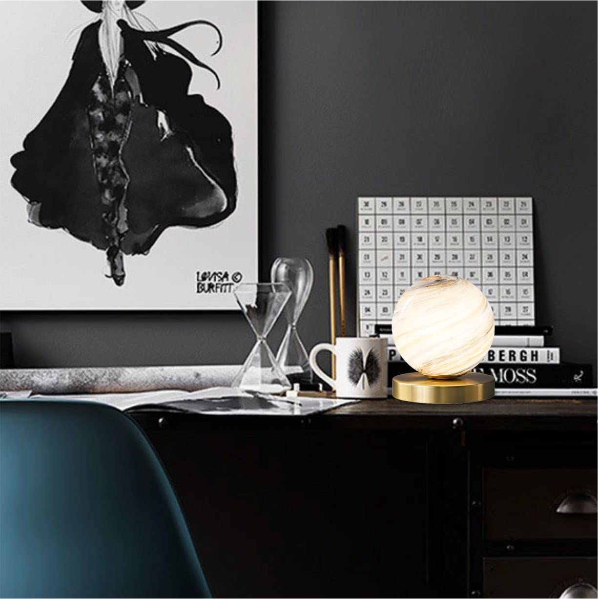 Mini Globe Table Lamp - Modern Glass Ball Desk Lamp with Switch & Plug - Perfect for Bedroom, Living Room, Bookshelf & Reading Decor - Earth-Themed Night Light for Home Office & Study Spaces