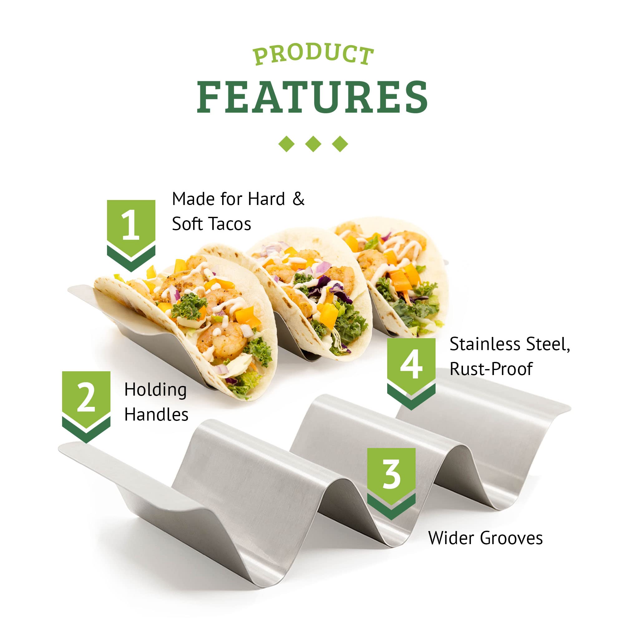 Premium Stainless Steel Taco Holder Set of 6 - Dishwasher & Grill Safe Taco Stands with Handles, BPA-Free Metal Taco Shell Rack - Perfect for Taco Night, BBQs, Parties & Mexican Food Serving
