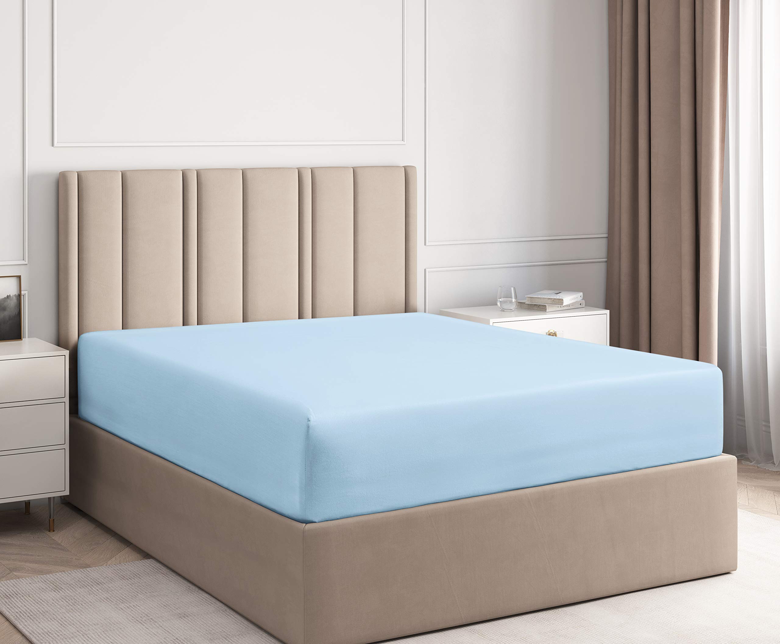 Premium Queen Size Fitted Sheet - 400 Thread Count 100% Egyptian Cotton Deep Pocket (7-9 Inch) - Ultra Soft & Breathable All-Season Bedding - Light Blue Solid Color - Wrinkle Resistant & Easy Care - Perfect for Master Bedroom, Guest Room, College Dorm, Airbnb, Luxury Hotels & Home Use - Enhance Your Sleep Experience with Premium Comfort - Ideal for Cozy Nights, Relaxing Weekends & Hotel-Style Luxury at Home - Great for Everyday Use, Gift Giving, and Creating a Serene Bedroom Retreat