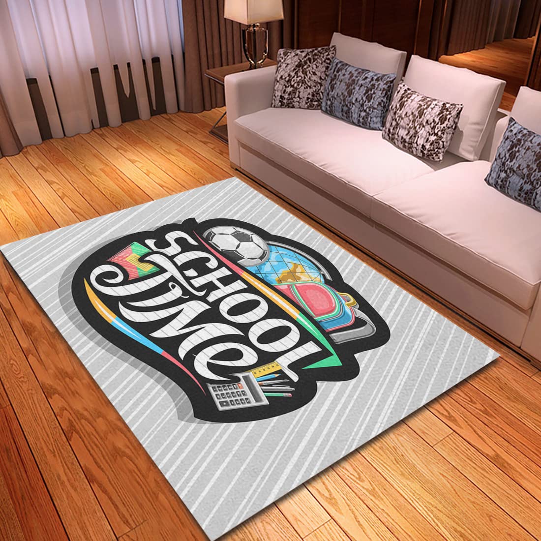 LOKMU 2x3 Feet Washable Velvet Area Rug - Soft Cozy Modern Luxury Rug for Living Room, Bedroom, Dorm | Grey Striped School Time Design | Perfect for Home Decor, Kids Room, Office