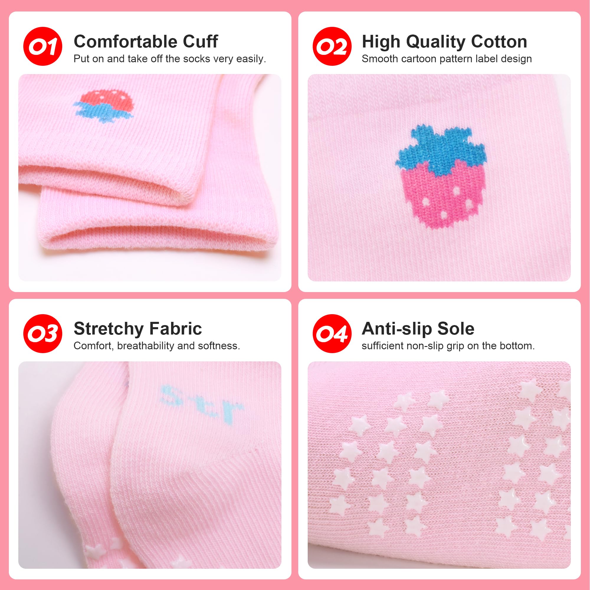 12 Pack Non-Slip Baby Socks with Grips for Boys & Girls 1-7 Years - Soft Cotton Crew Socks in Multi Colors - Perfect for Playtime, Learning to Walk & Everyday Wear