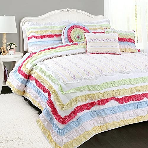 Multicolor Ruffled Border 3-Piece Quilt Set - 100% Cotton Twin Size Bedding for Girls' Bedroom, Dorm Room & Guest Room Decor