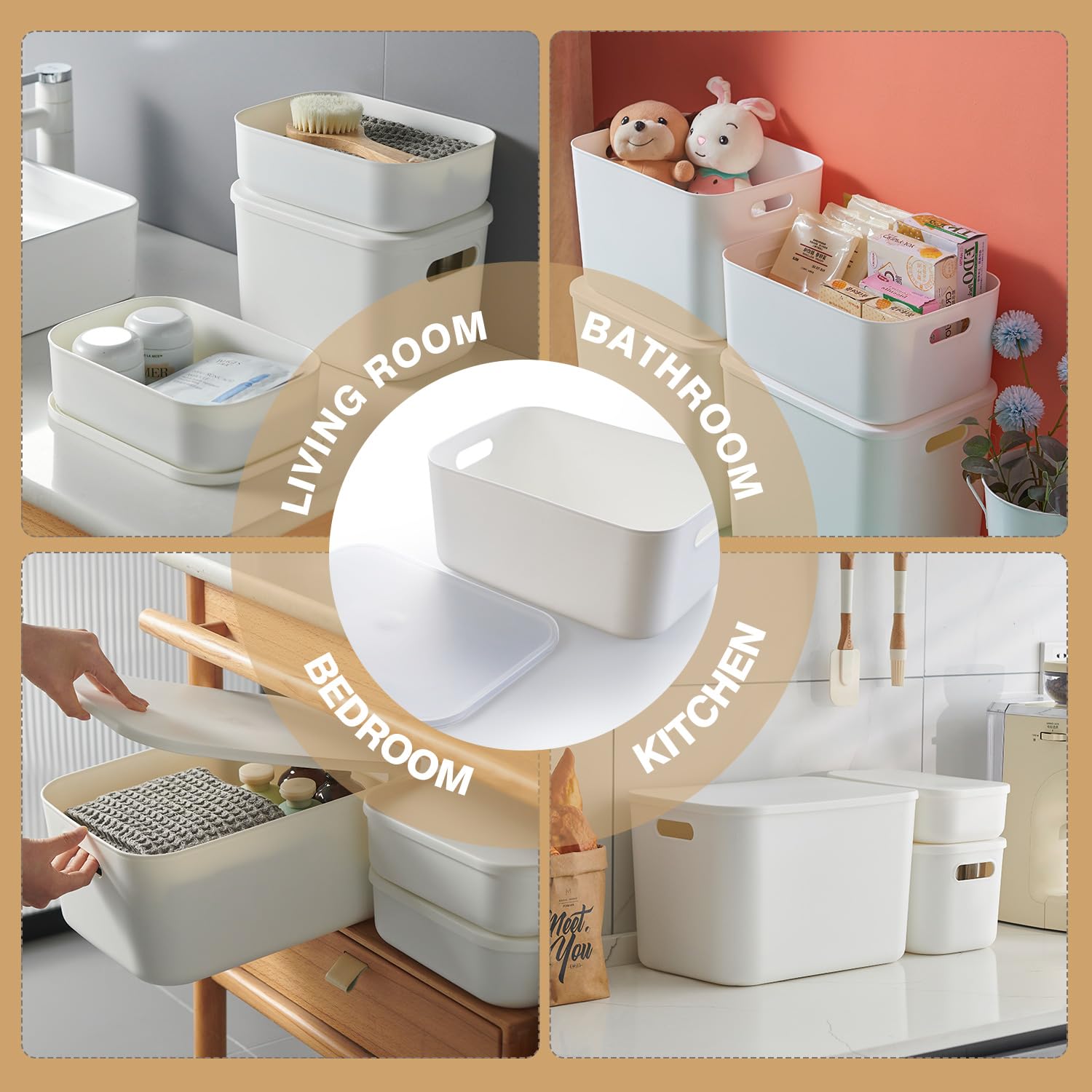 XL White Plastic Storage Bins - Large Organizer Bins for Shelves, Home & Office Organization, Snack Storage Containers | Perfect for Pantry, Closet, Garage & Kids' Room Organization