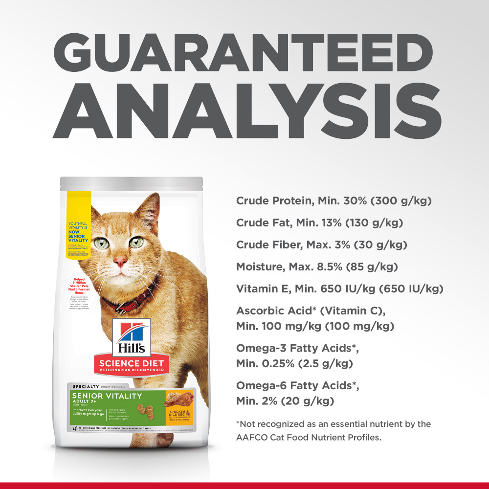 Hill's Science Diet Adult 7+ Senior Vitality Chicken & Rice Recipe Dry Cat Food - High Protein Nutrition for Mature Cats - Supports Joint Health & Immune System - Ideal for Indoor Senior Cats