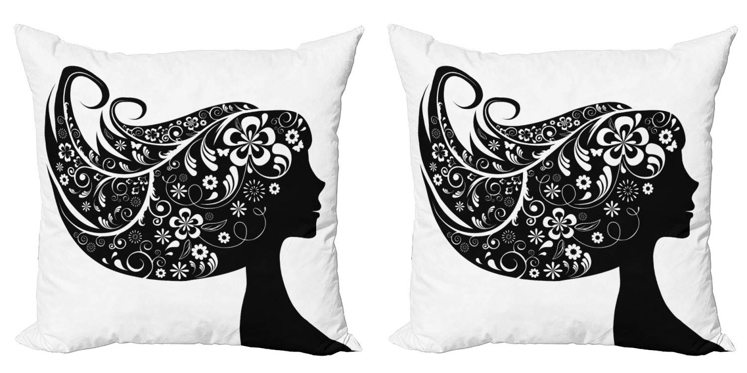Ambesonne Floral Print Decorative Throw Pillow Covers Pack of 2 - 24 Inch Traditional Ornate Lady Silhouette Design in Charcoal Grey & White - Perfect for Sofa, Bed, Living Room & Home Decor