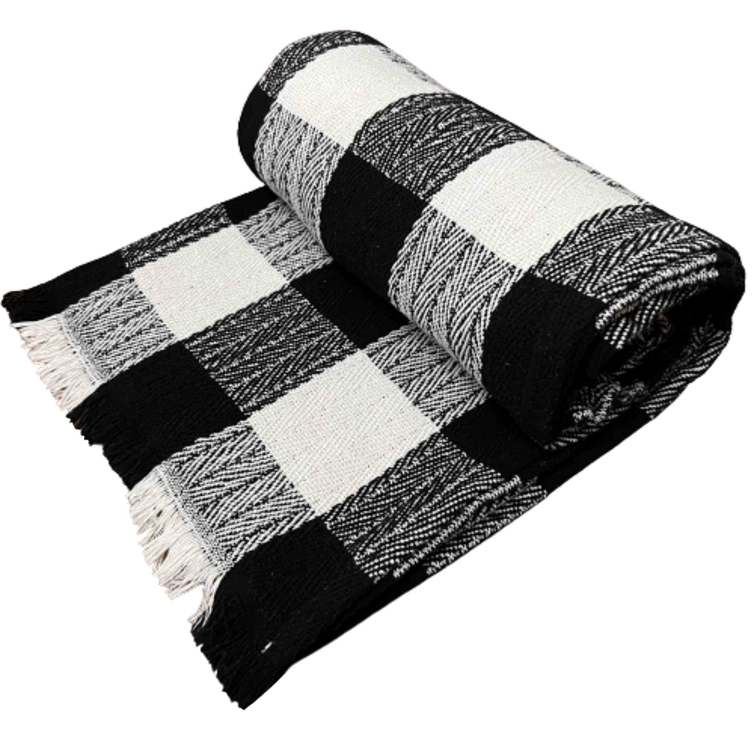 EVALAND 48x60 Inches Turkish Cotton Blanket - Ultra Soft & Machine Washable Throw Blanket for Bed, Couch, Sofa - Perfect for Home, Travel & Gifts - Black Plaid Design