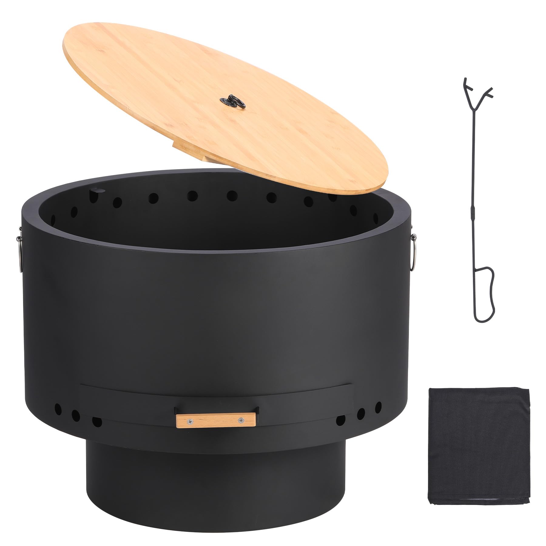 GARVEE 26 Inch Smokeless Fire Pit - Outdoor Wood Burning Fire Table with Removable Ash Pan & Bamboo Cover - Portable Bonfire Pit for Backyard, Patio, Camping, Picnic (Black) - Perfect for Outdoor Gatherings and Cozy Evenings