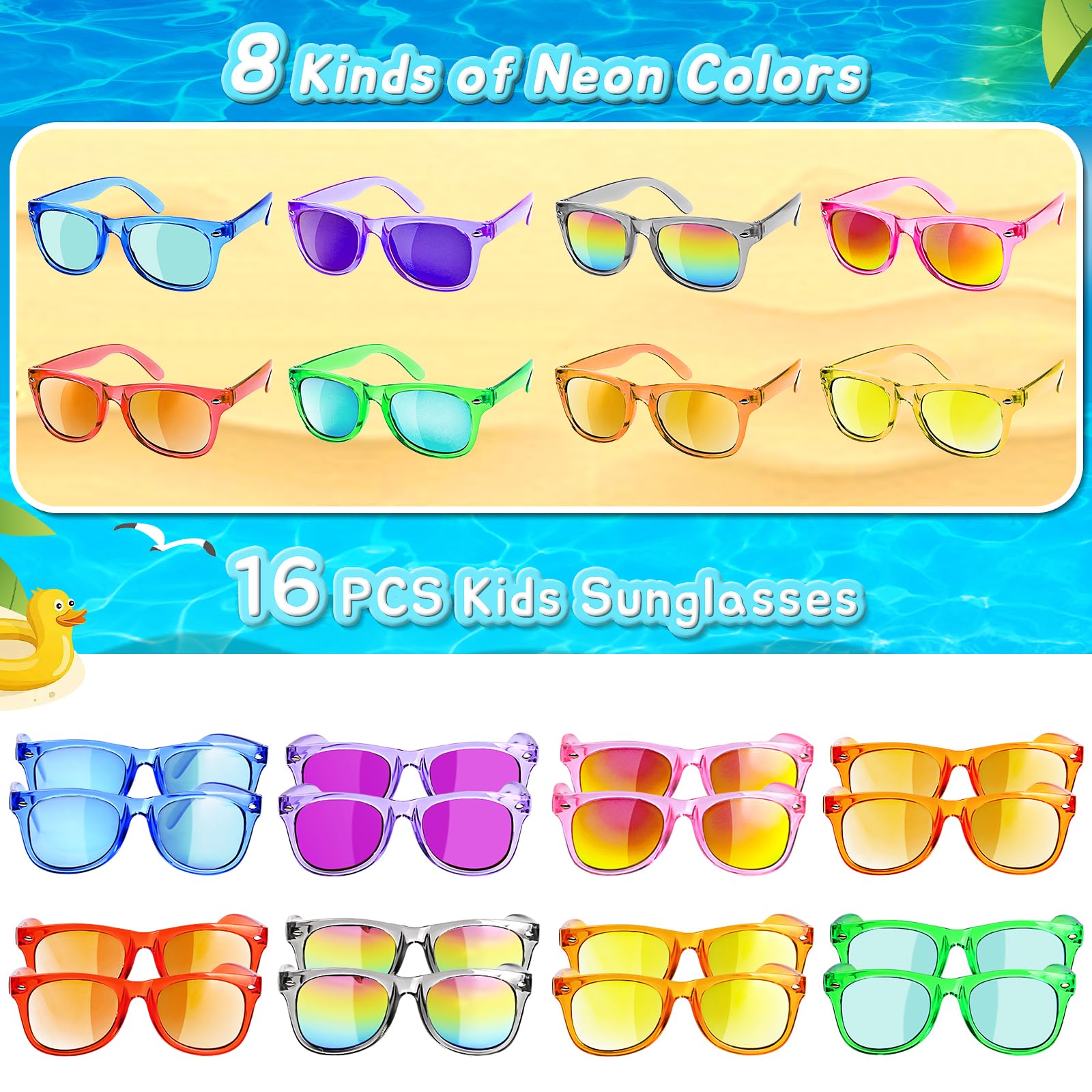 **UV 400 Kids Sunglasses - 16 Pack Neon Boys Girls Sunglasses for Valentine's Day, Birthday Party Favors, Classroom Goodie Bags & Summer Outdoor Activities**