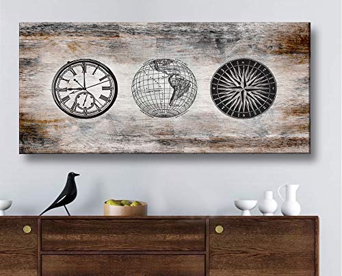 Vintage World Map Wall Art with Compass - Large 42x19 Canvas Wall Decor for Living Room, Office & Bedroom - Nautical Printed World Clock Map for Home Decor & Travel Enthusiasts