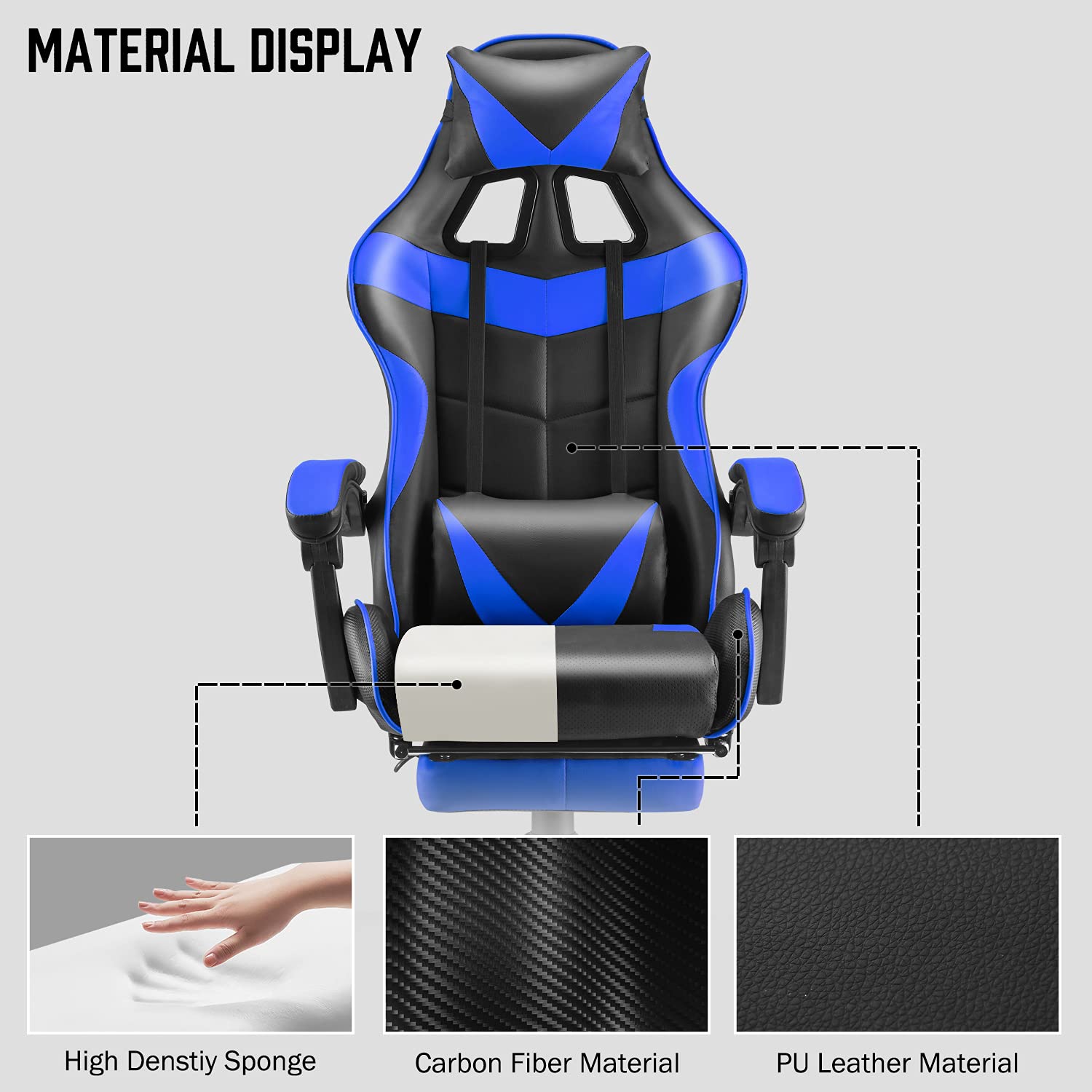 Soontrans Ergonomic Gaming Chair with Adjustable Headrest & Lumbar Support - Blue Computer Game Chair for PC, E-Sports with Retractable Footrest - Perfect for Home Office, Streaming & Pro Gaming Sessions (Storm Blue)