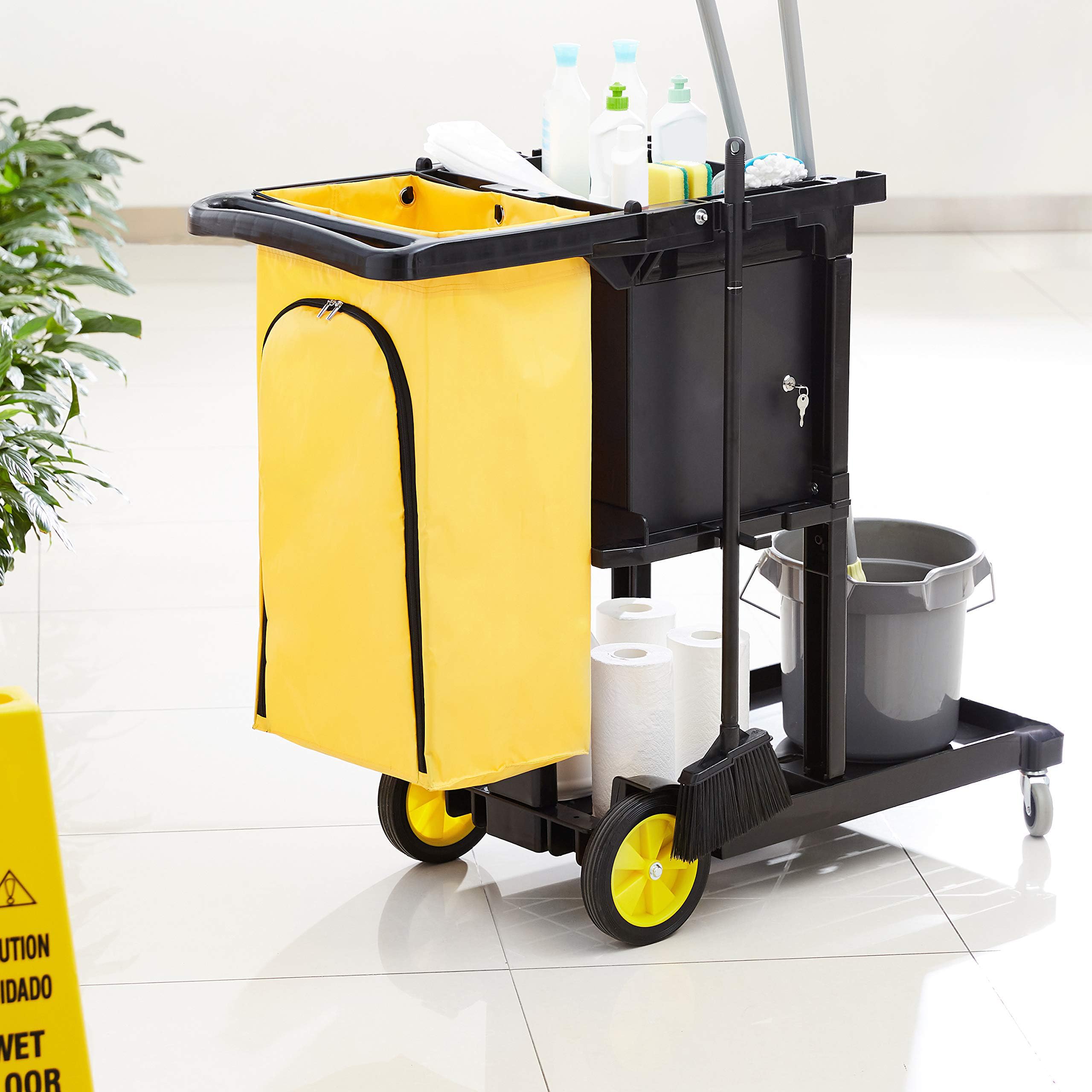 Amazon Basics Heavy Duty Janitorial Cart with Key-Locking Cabinet - Black | Commercial Cleaning Cart for Office, School & Hospital Use (Formerly AmazonCommercial Brand)
