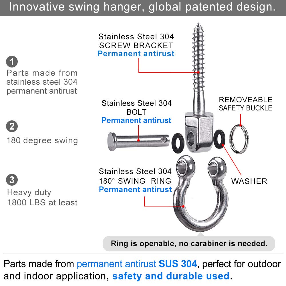 Heavy Duty Swing Hangers - 2 Pack Stainless Steel Screw Brackets for Hanging Chairs, Swings, Hammocks & Punching Bags - Indoor/Outdoor Use - 1800LB Weight Capacity - Perfect for Backyard, Patio, Garden & Home Gym Installation
