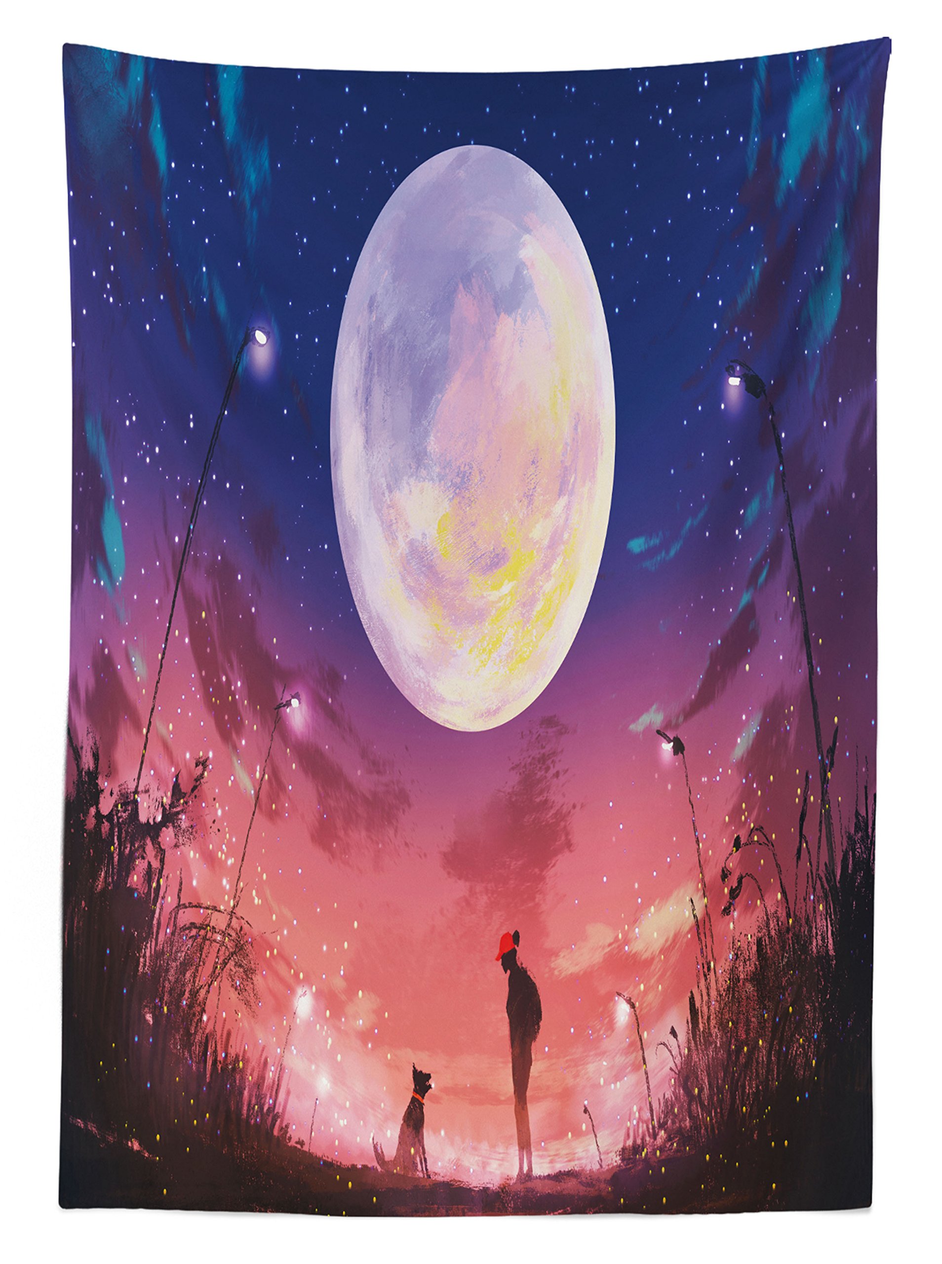 Ambesonne Fantasy Outdoor Tablecloth - Young Woman with Dog Under Moon & Starry Sky Design, Washable Picnic Table Cover 58x120 Inches, Navy Coral - Perfect for Backyard BBQs, Garden Parties & Outdoor Dining