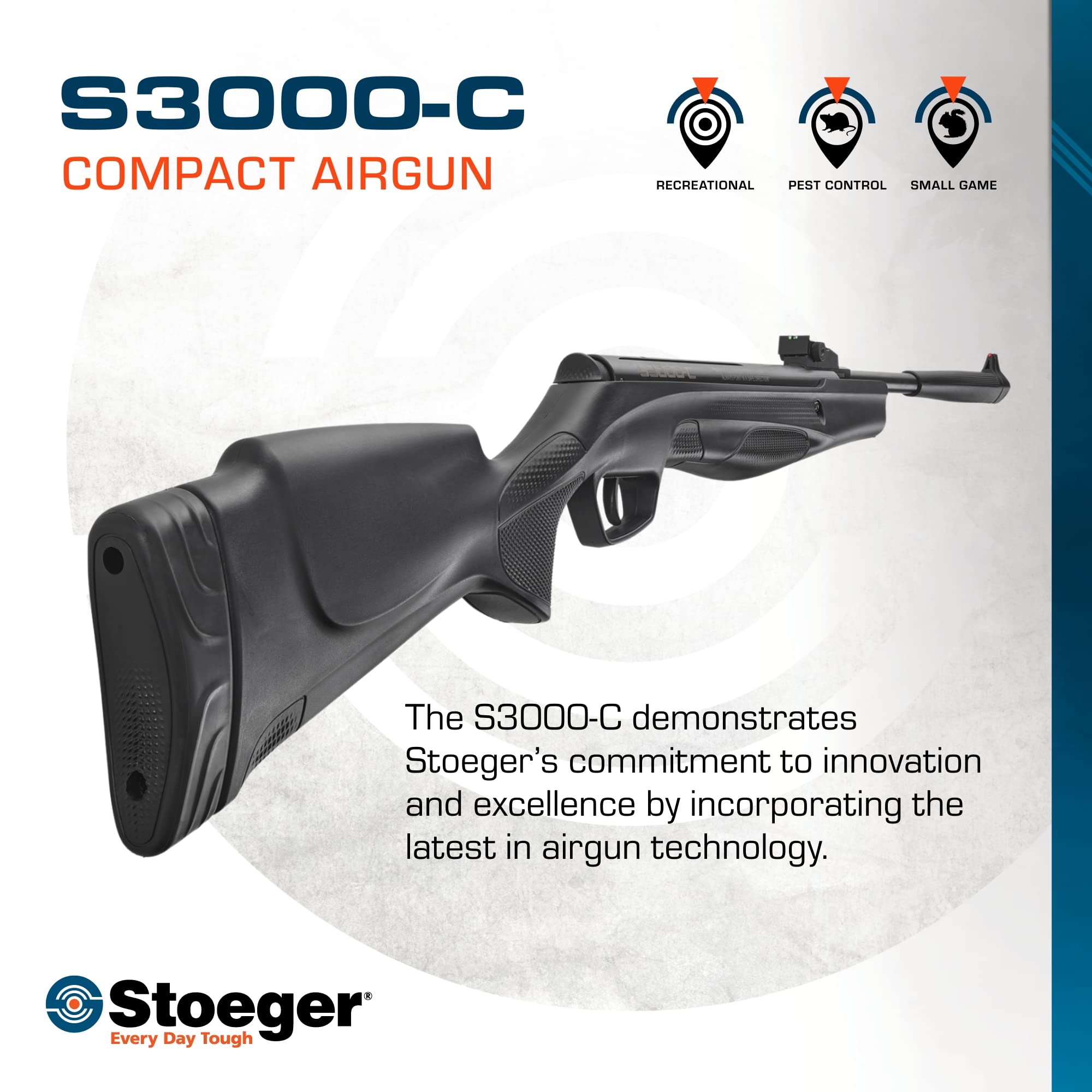 Stoeger S3000-C Compact .177 Caliber Air Rifle with Black Synthetic Stock & Fiber-Optic Sights - Perfect for Target Shooting, Pest Control & Backyard Plinking