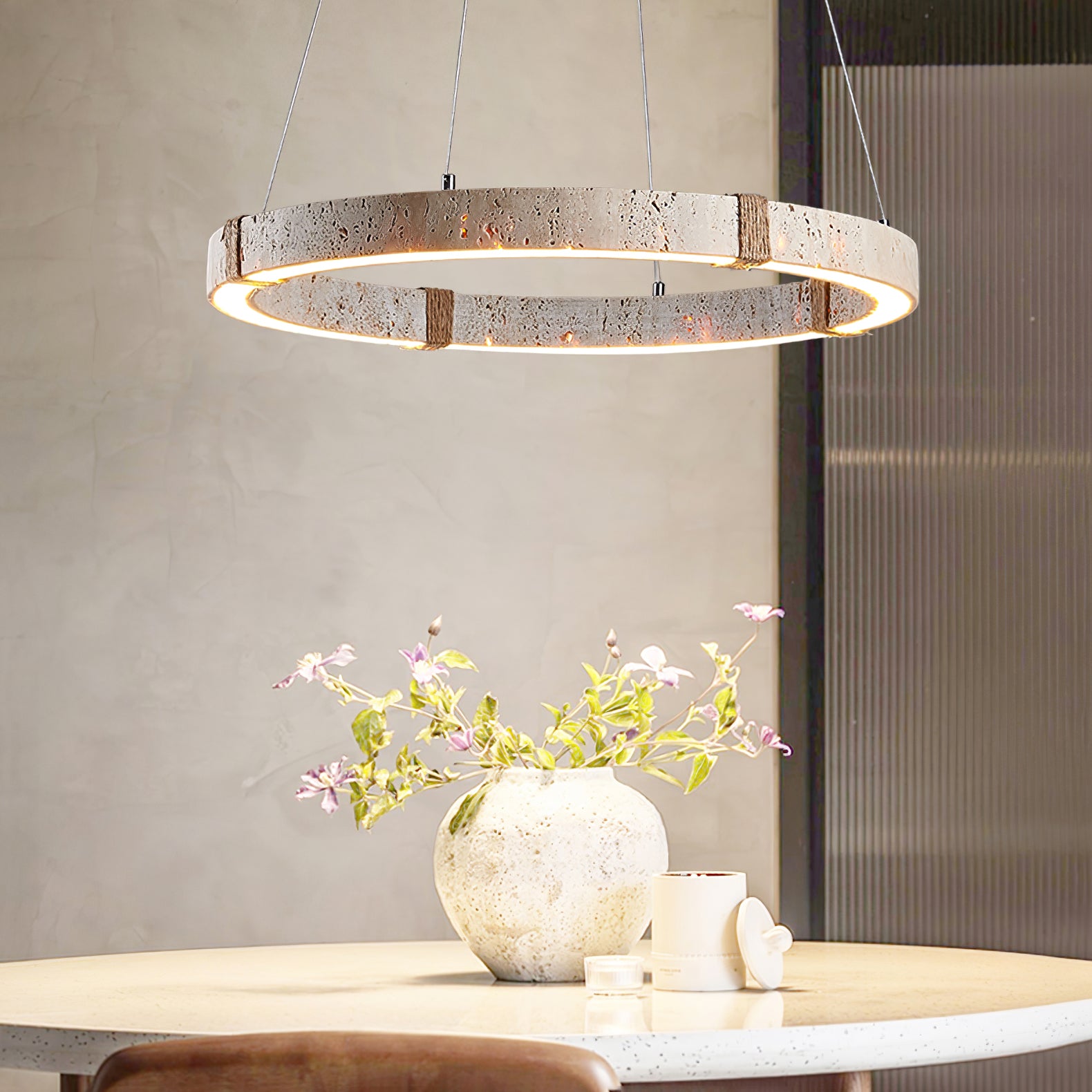 Modern Circle Travertine Pendant Light - Natural Stone Hanging Lamp for Kitchen Island, Dining Room & Living Room Decor