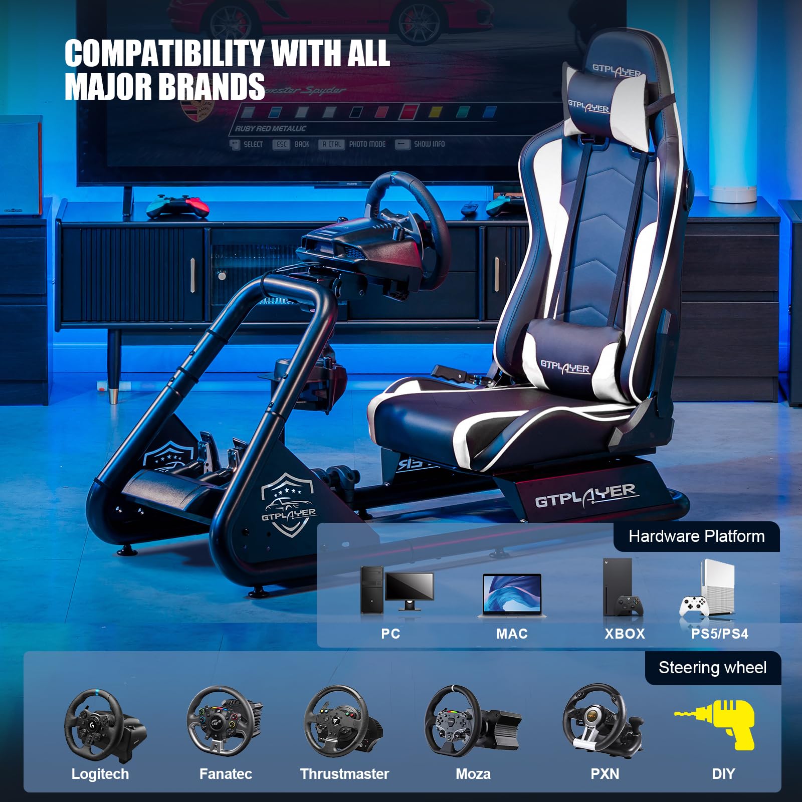 GTPLAYER Racing Simulator Cockpit with Adjustable Seat & Bluetooth Speakers - Ultra-Sturdy Alloy Steel Frame Gaming Chair for PC/PS4/Xbox - Perfect for Home Racing Games & Flight Simulation (White)