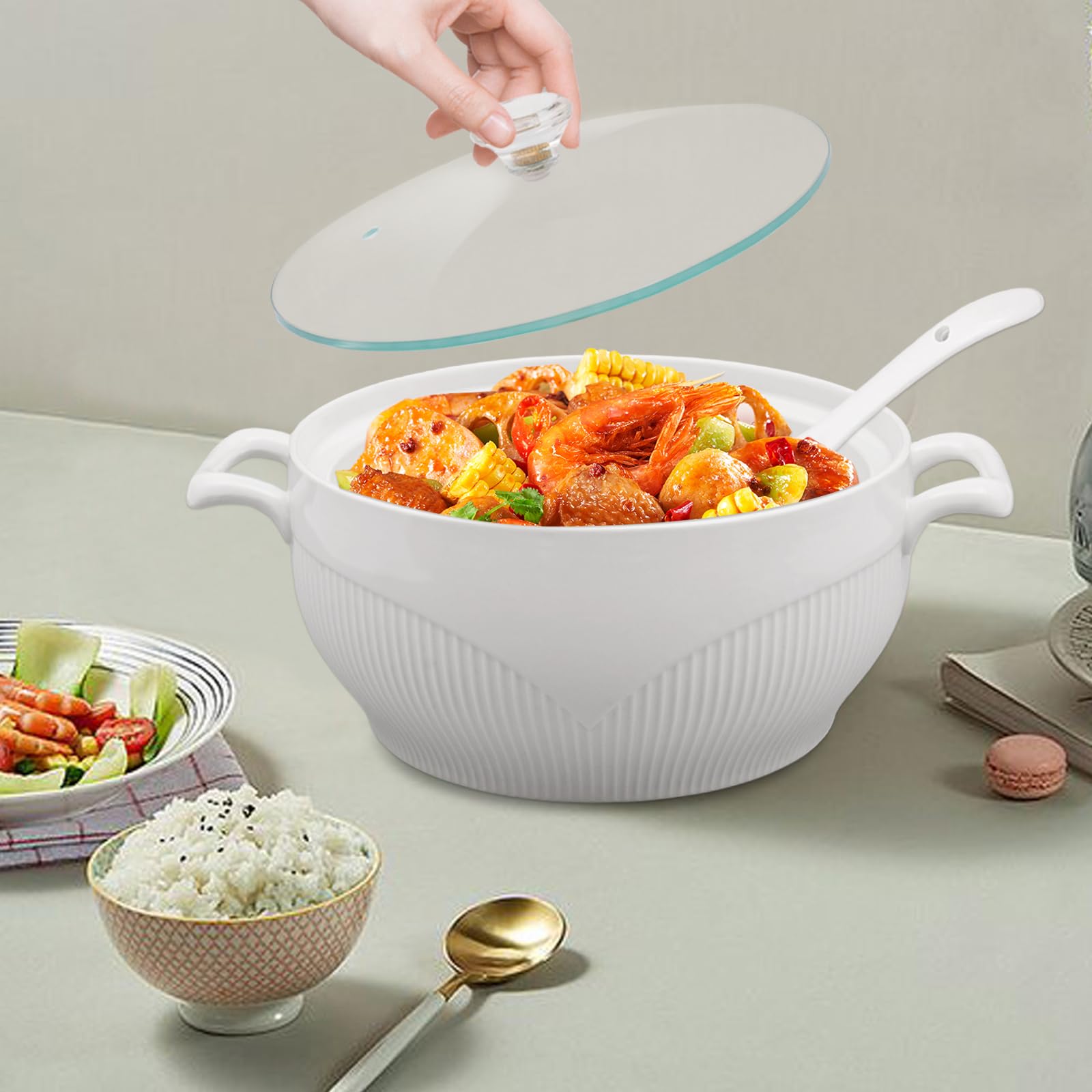Premium White Porcelain Soup Tureen with Glass Lid - 8.54 Inch Ceramic Serving Bowl for Restaurants & Home Kitchens - Elegant Tableware for Soups, Stews & Decorative Serving