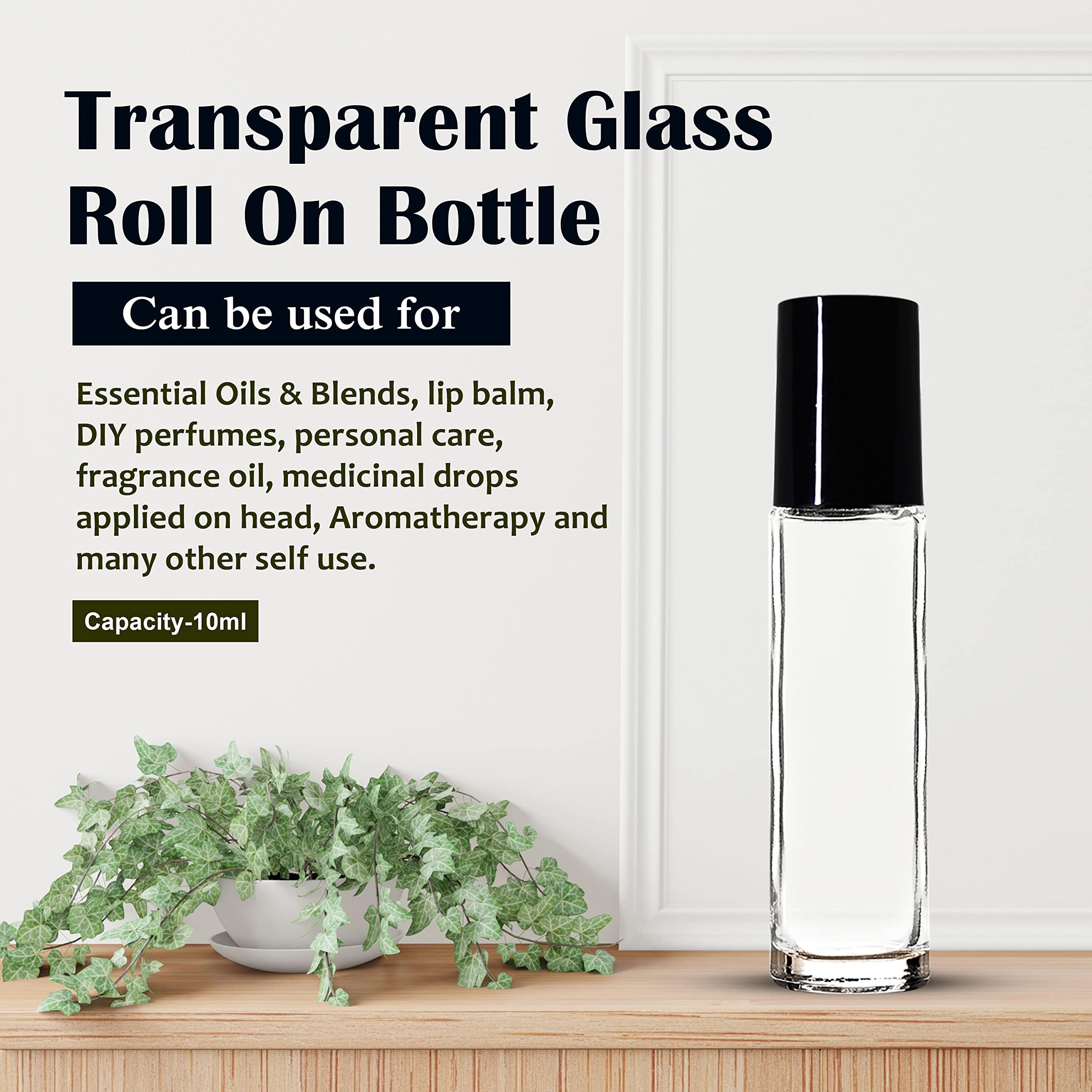 10ml Empty Clear Glass Roll On Bottles with Black Cap - Essential Oils, Perfumes, Lip Balms Refillable Container (Pack of 3) | Perfect for DIY Aromatherapy, Travel Size Toiletries & Handmade Beauty Products