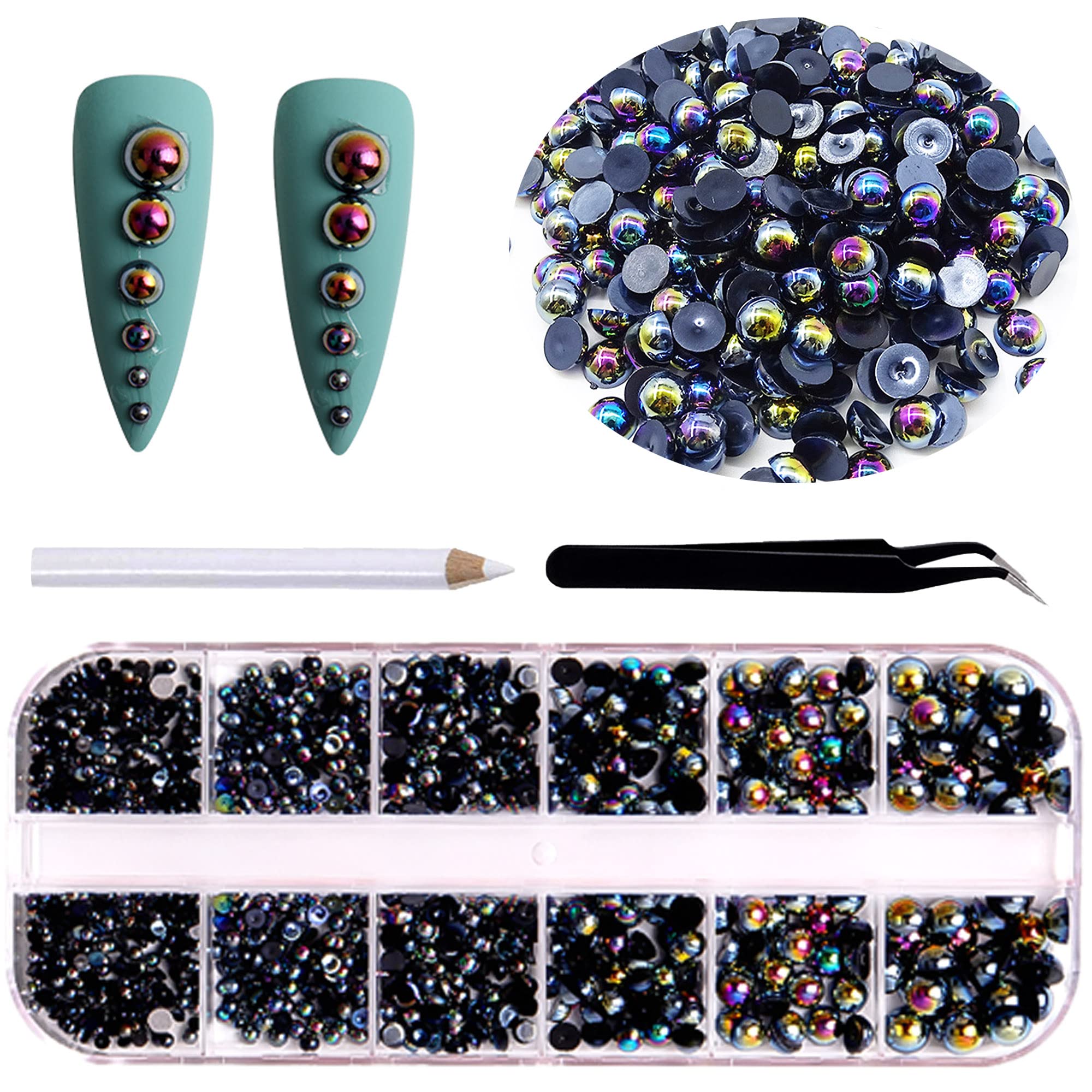 2000Pcs AB Black Half Pearl Beads for Nail Art, DIY Jewelry & Crafts - 6 Sizes Flatback Rhinestones for Nails, Clothing, Shoes Decoration - Perfect for Wedding, Party, Fashion Accessories and Home Decor Projects