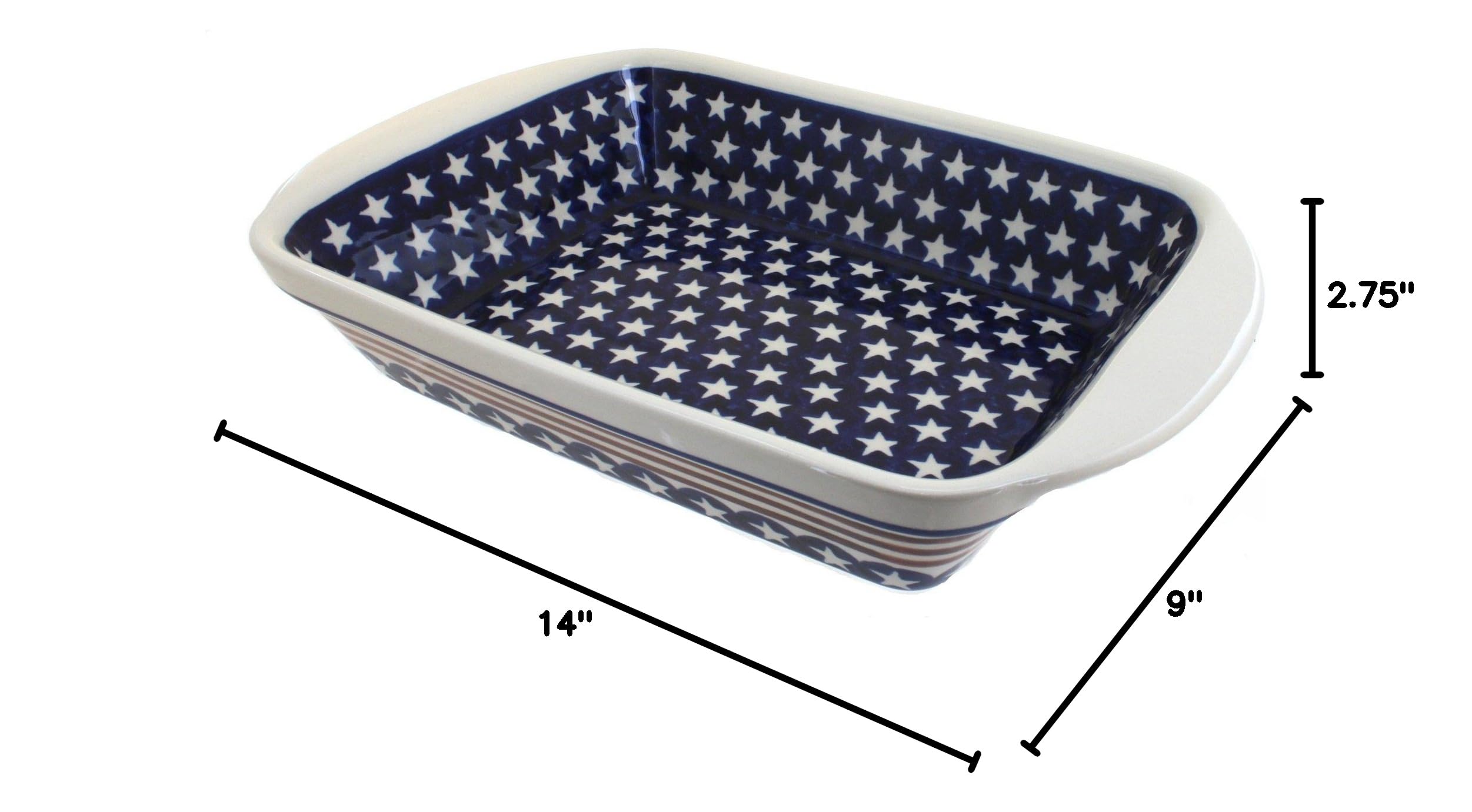 Blue Rose Polish Pottery Stars & Stripes Large Rectangular Baker with Handles - Handmade Ceramic Baking Dish for Casseroles, Lasagna & Holiday Meals - Perfect for Thanksgiving, Christmas & Family Gatherings