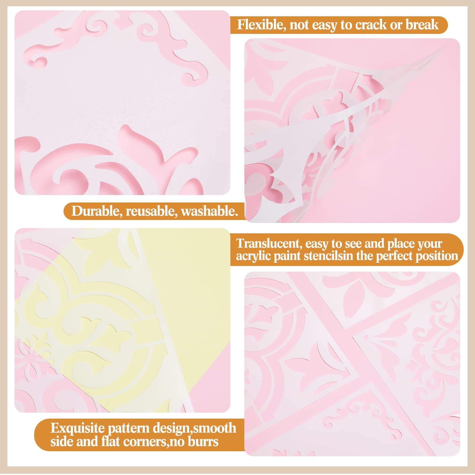 4-Piece Reusable Tile Stencils 12x12 Inches - DIY Wall & Floor Decorative Painting Templates for Home Decor, Scrapbooking, and Crafts (Floral Design) - Perfect for Bathroom, Kitchen Backsplash, and Nursery Wall Art Projects