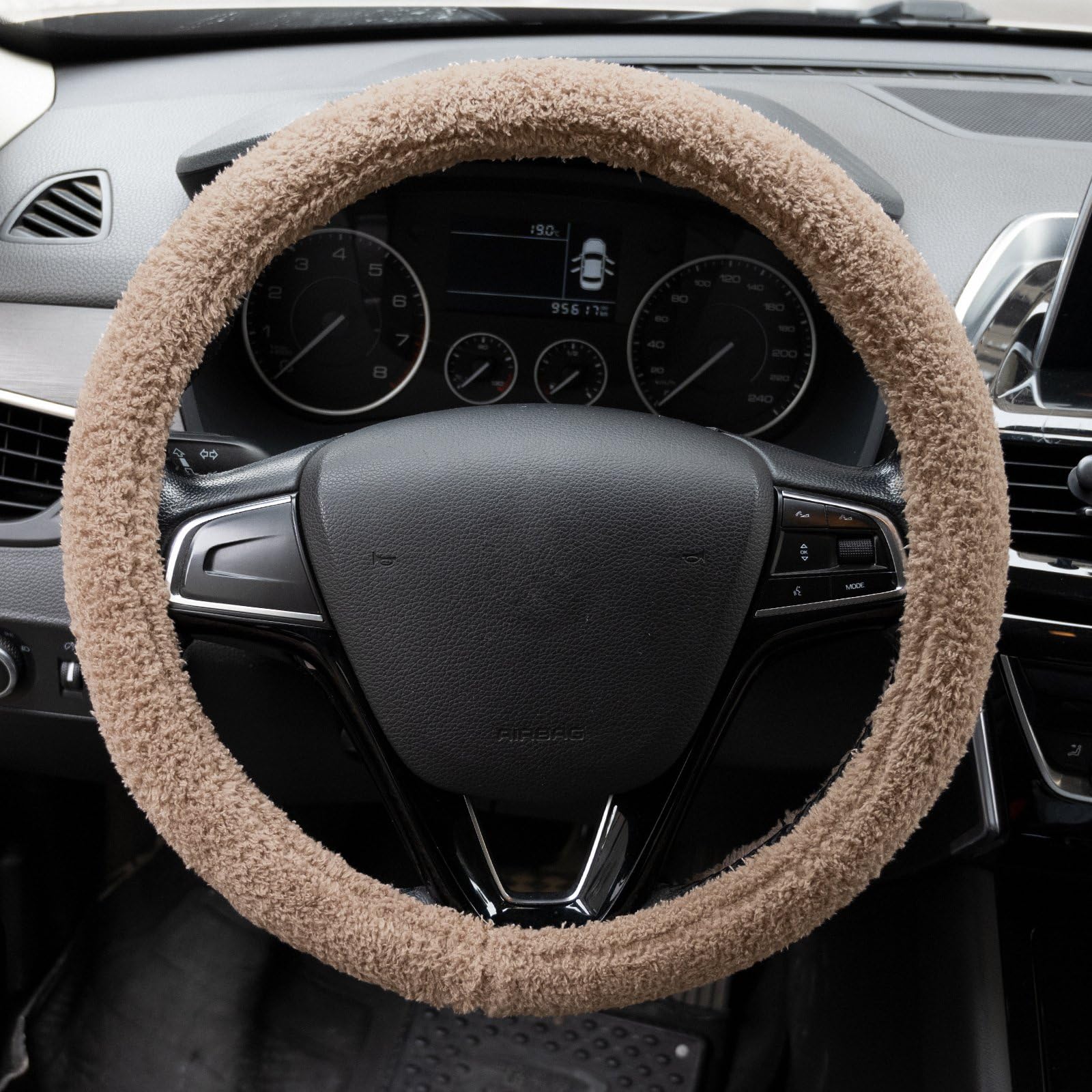 Fluffy Brown 15 Inch Universal Steering Wheel Cover - Soft & Cute Car Accessories for Women, Girls | Perfect for Winter Warmth & Stylish Car Decor
