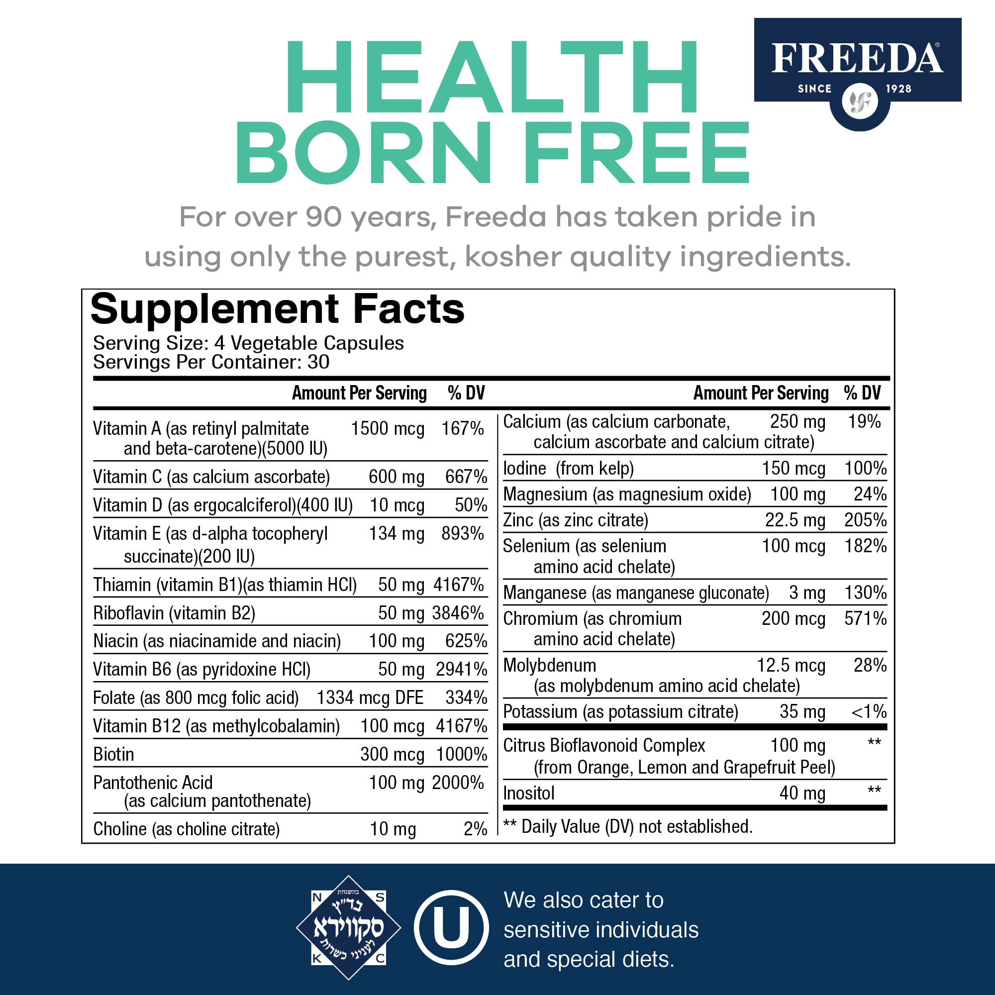 FREEDA Iron-Free Ultra Kosher Multivitamin Supplement for Women & Men - Daily Essential Vitamins for Adults - Supports Immune Health, Energy & Wellness - Perfect for Active Lifestyles & Overall Wellbeing, 120 Count