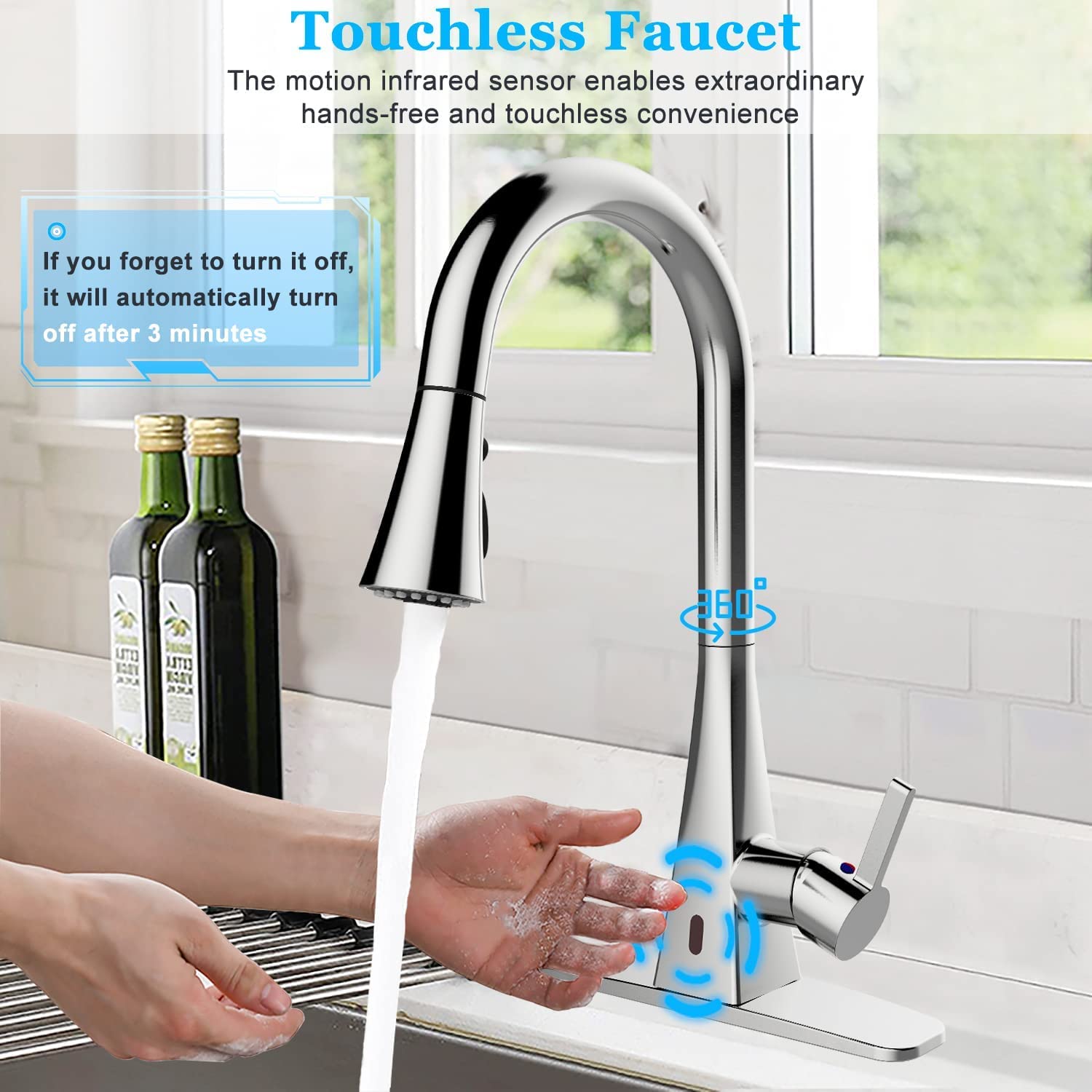 ANBSR Touchless Kitchen Faucet with Motion Sensor - High Arc Pull Down Sprayer, Single Handle Design for 1 or 3 Hole Installation, Polished Chrome Finish - Perfect for Modern Kitchens, Dishwashing, and Hands-Free Cooking
