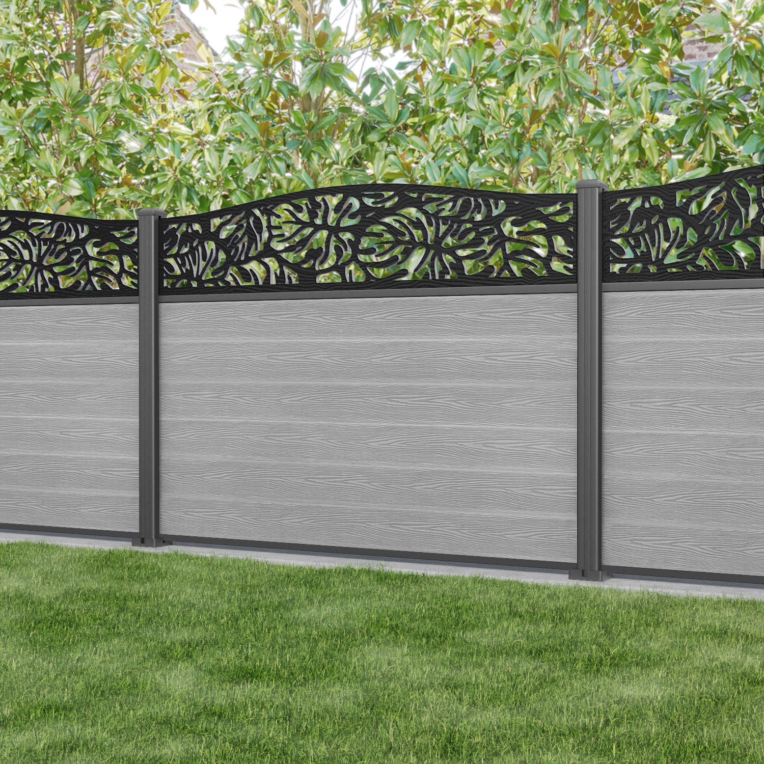 Classic Botanic Curved Top Fence Panel - Light Grey Aluminum Garden Fence with Durable Posts for Outdoor Privacy & Decoration | Perfect for Backyard, Patio, and Landscape Design