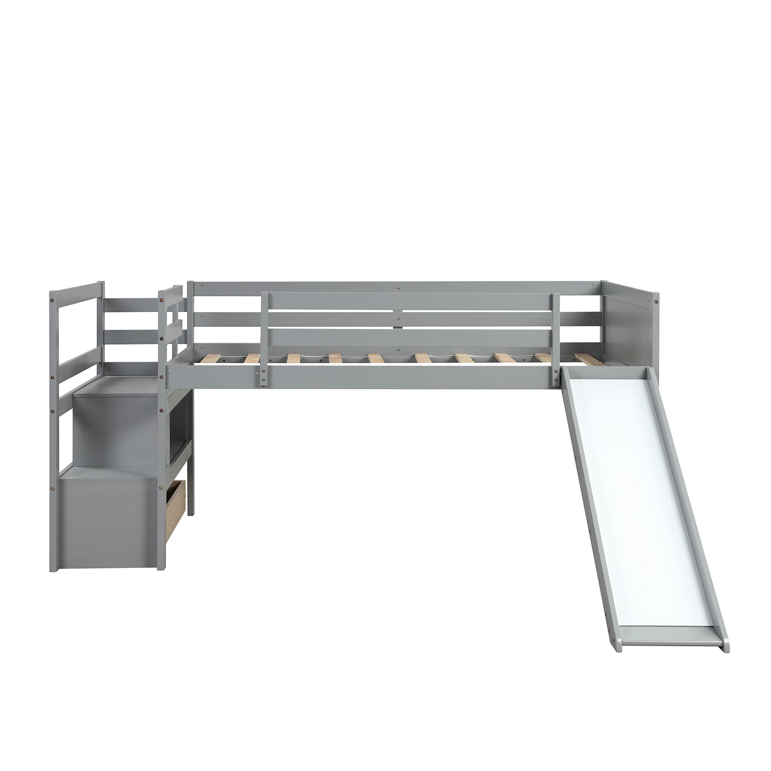 Twin Loft Bed with Slide, Wooden Storage Staircase & Drawers - Space-Saving Kids & Teens Bedroom Furniture - Perfect for Small Rooms, Dormitories & Shared Spaces - No Box Spring Required