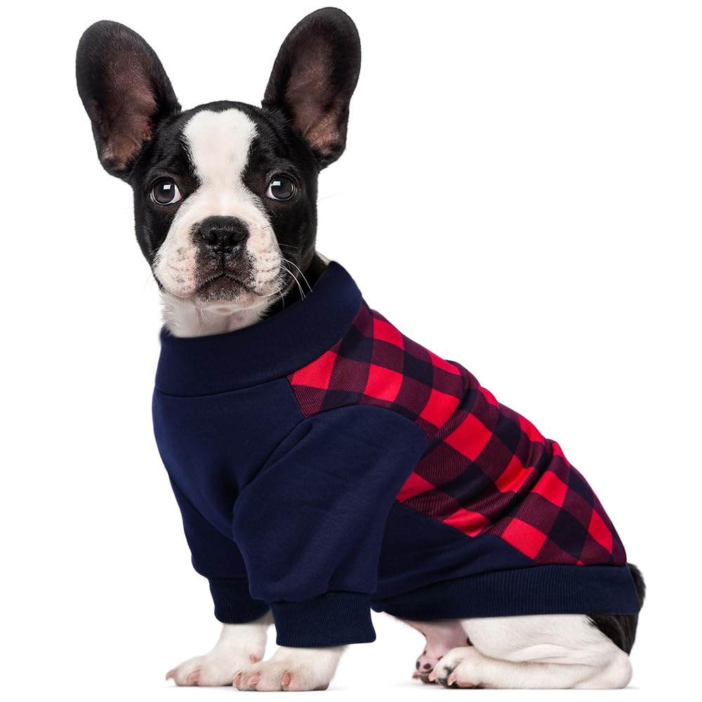 GreenJoy Plaid Dog Christmas Sweater - Cozy Turtleneck Pet Outfit with Leash Hole, Soft & Warm Winter Coat for Small Dogs & Cats (Red/Navy Plaid) - Perfect for Holiday Photos & Christmas Parties