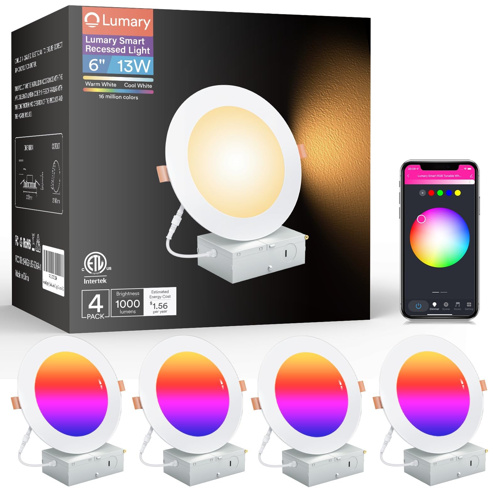 Lumary 6 Inch Smart Recessed Lighting - 4 Pack Canless LED Downlights with Color Changing, 13W 1000lm, Wi-Fi & Bluetooth Enabled, Works with Alexa & Google Assistant - Perfect for Living Room, Kitchen & Bedroom Ceiling Lighting