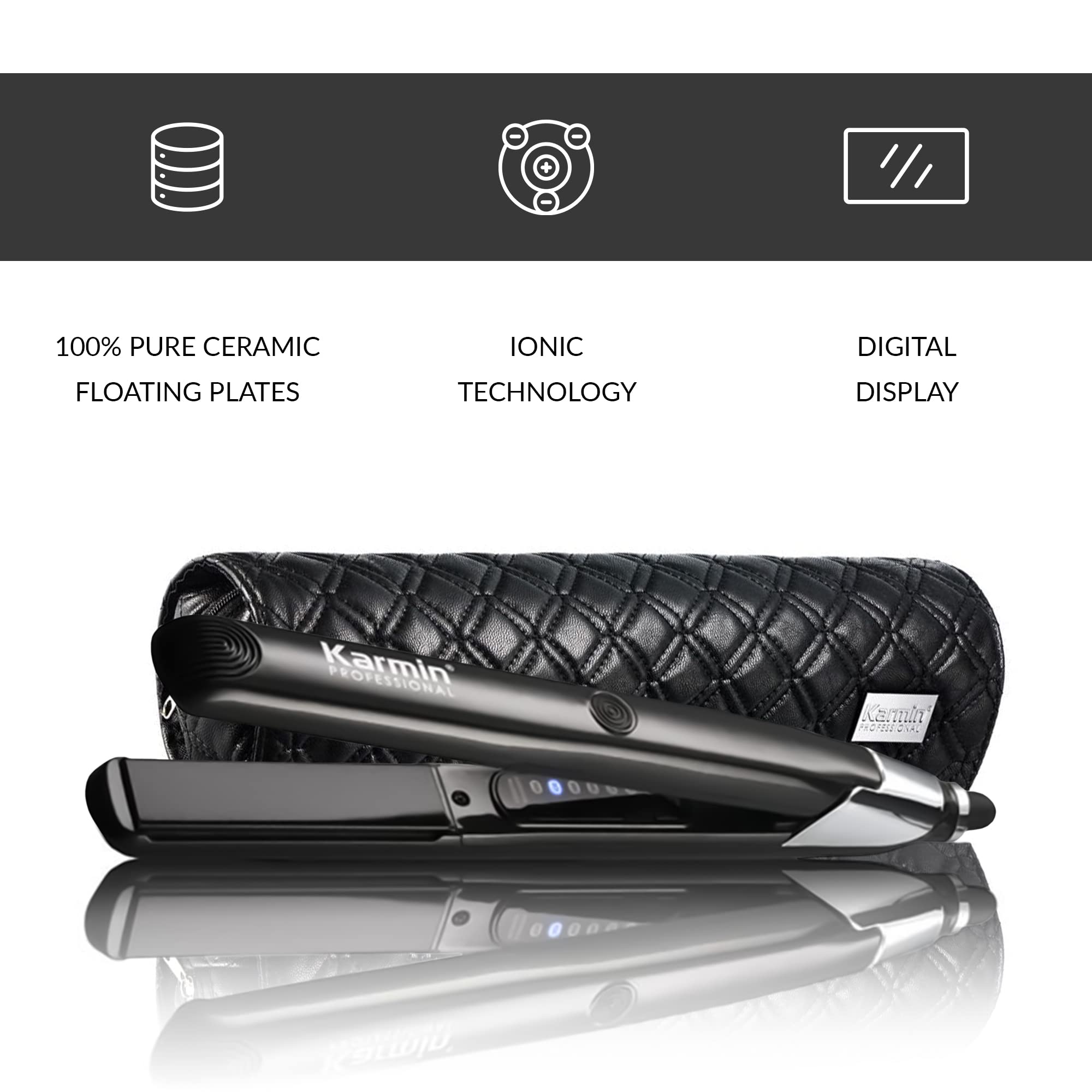KARMIN Salon Series 1-inch Professional Ceramic Flat Iron Hair Straightener - Ionic Hair Straightener for Straightening, Curling & Waving - Dual Voltage with Auto Shut Off - Includes Travel Case & Heat Mat (Black) - Perfect for Home Use, Travel & Salon Styling