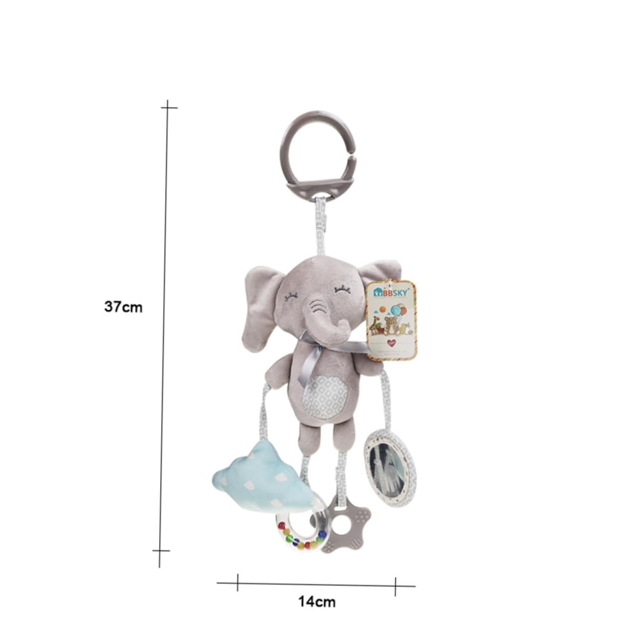 Vaguelly Animal Plush Rattle Toy - Grey Hanging Rattles for Babies & Toddlers - Perfect for Cribs, Strollers, and Playtime Fun