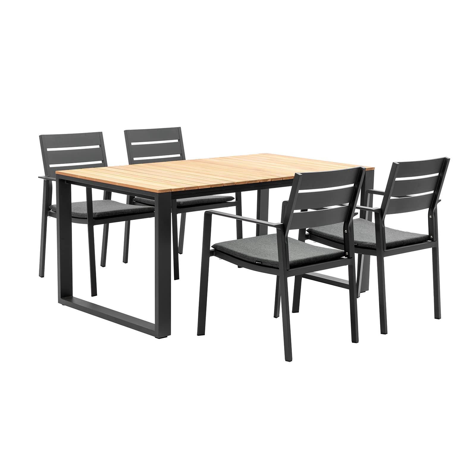 5-Piece Outdoor Dining Set for 4 - Aluminum Patio Table with Teak Tabletop & 4 Stackable Chairs - Grey Bistro Set for Deck, Yard, Garden or Poolside Dining