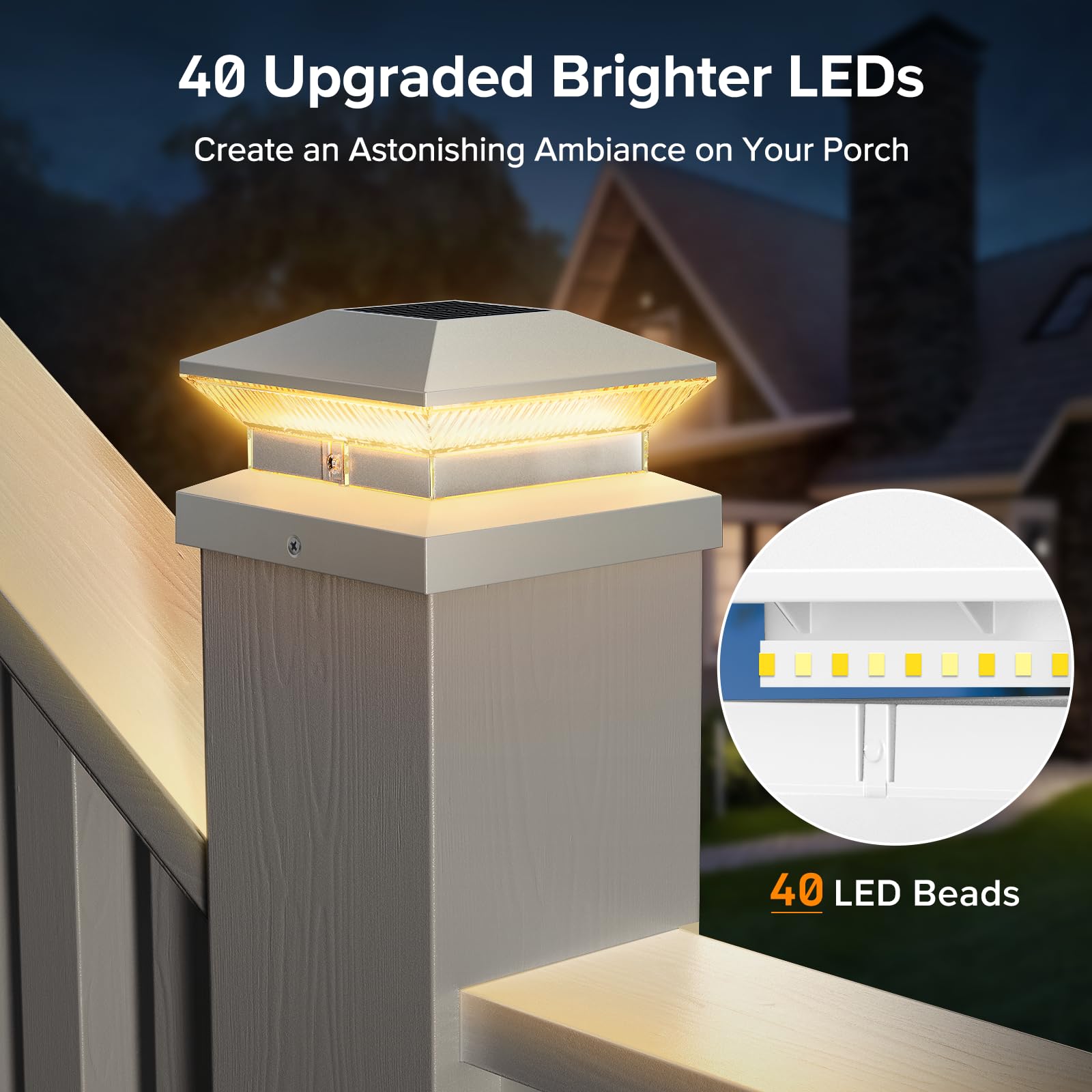 LETMY Solar Post Cap Lights Outdoor - 2 Pack, 40 LEDs, 3 Modes, Waterproof, 30 Lumens for 4x4, 5x5, 6x6 Vinyl/Wooden Fence Posts - Solar Powered Deck Lighting for Garden, Patio, Pathway & Backyard