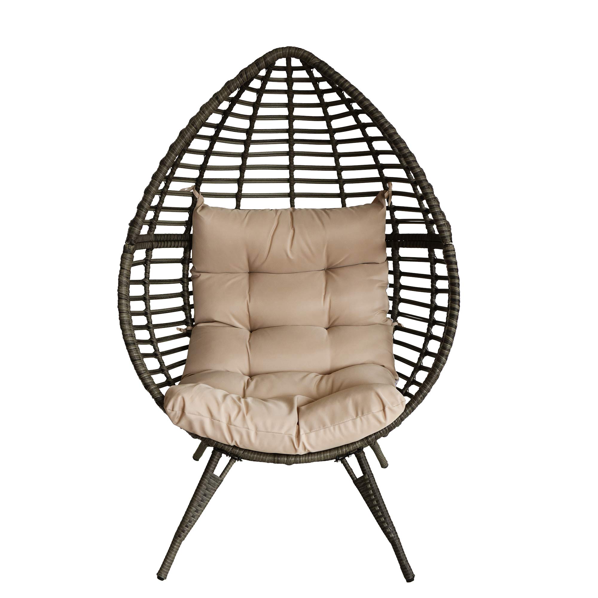 Sundale Outdoor Wicker Egg Chair with Cushion - Grey & Beige Rattan Hanging Chair for Bedroom, Patio, Garden | Indoor Teardrop Basket Chair for Relaxation & Reading Nook