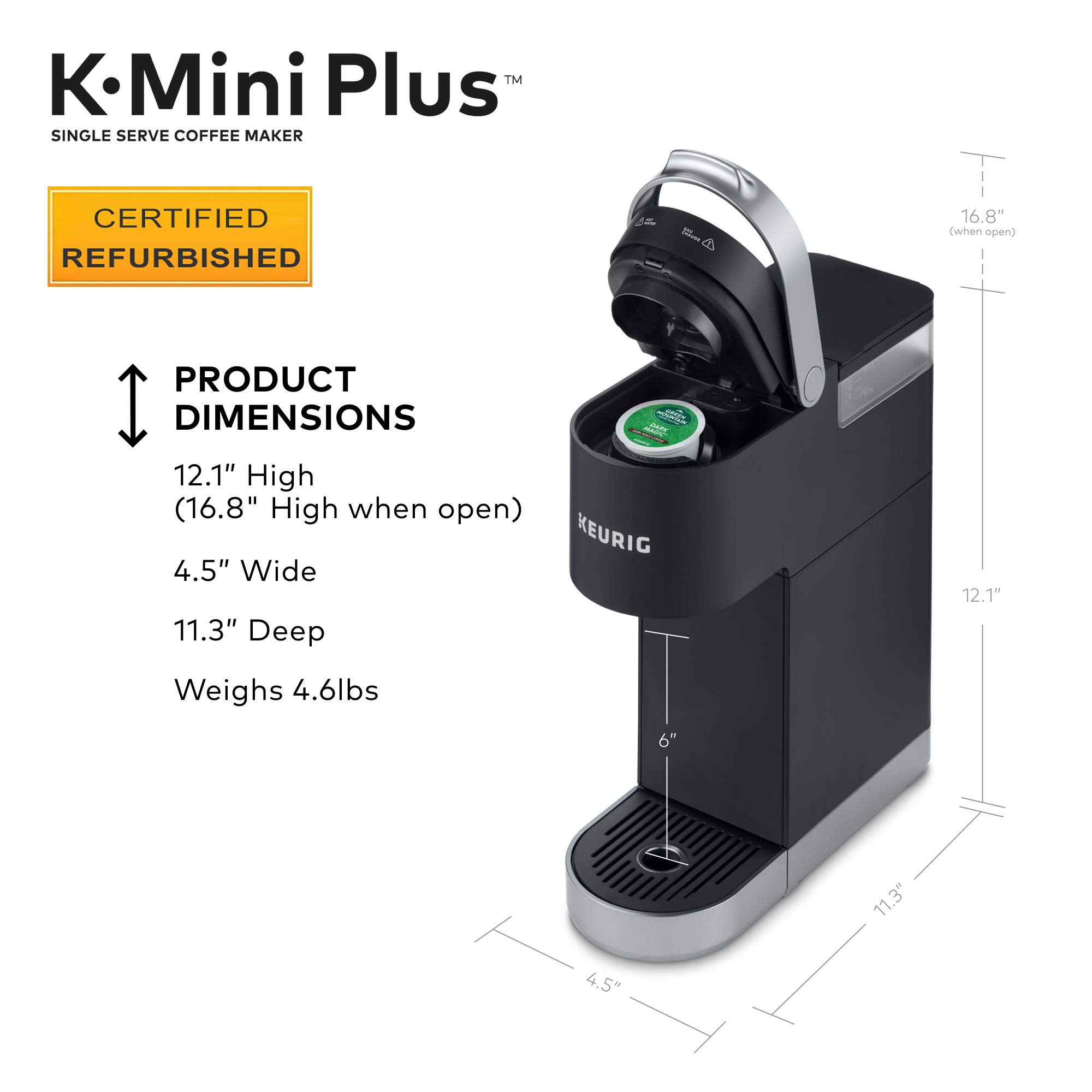 Certified Refurbished Keurig K-Mini Plus Single Serve Coffee Maker - Black (Renewed) | Compact Design for Home, Office & Dorm Use | Fast Brewing with No Water Reservoir