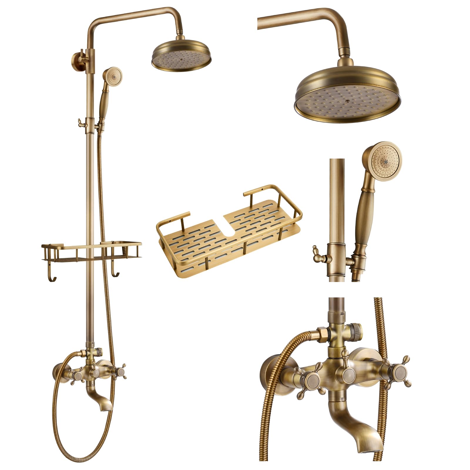 Gotonovo 8-Inch Rainfall Shower Head with Handheld Spray & Tub Spout - 3-Function Wall Mounted Antique Brass Bathroom Faucet Set with Shower Shelf - Perfect for Vintage Style Bathrooms & Spa-Like Showers