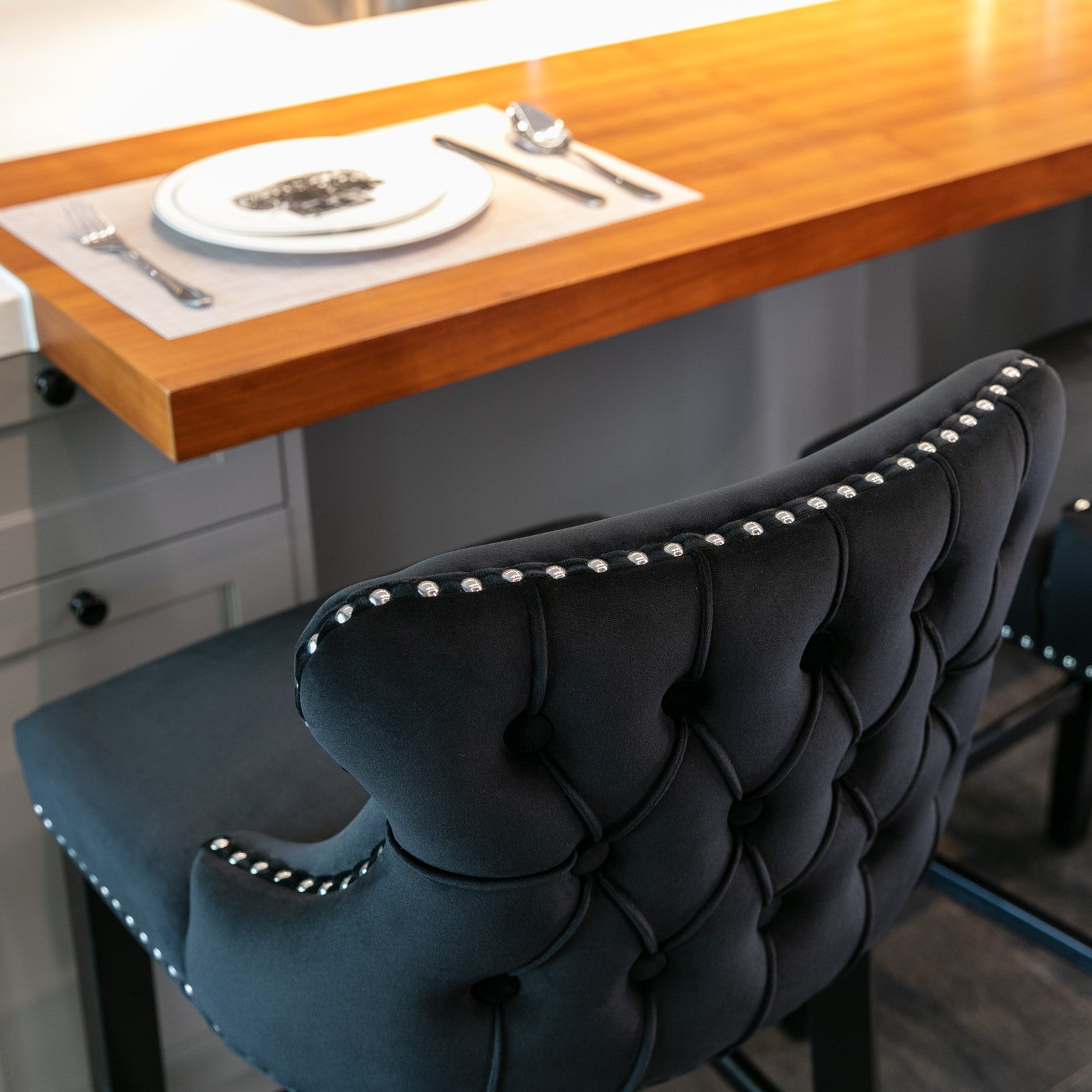 Modern Velvet Upholstered Wingback Bar Stools with Button Tufting & Wooden Legs - Set of 4 Black Bar Chairs with Chrome Nailhead Trim for Kitchen Island, Home Bar & Dining Room Decor - SW1824BK
