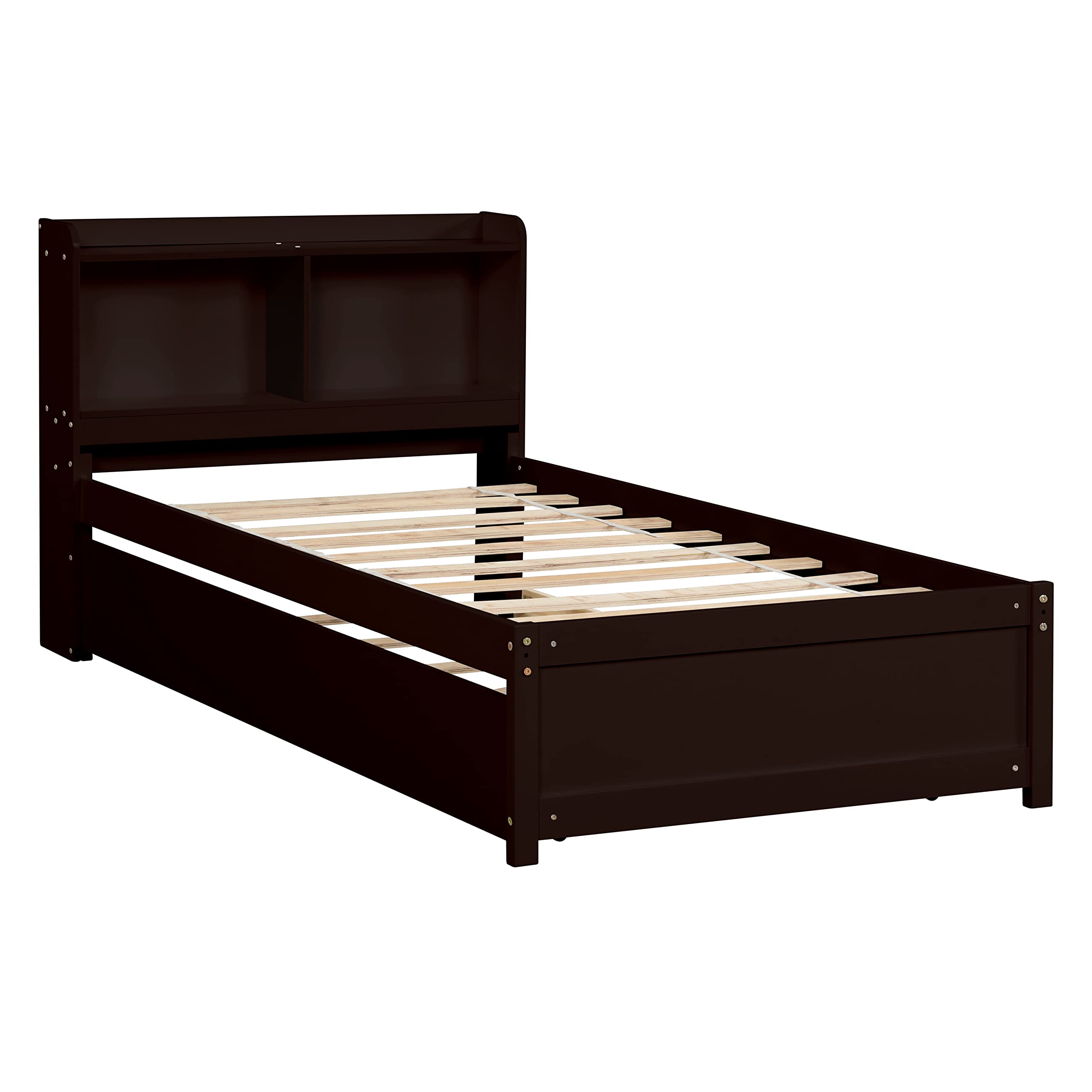 HomSof Twin Bed with Trundle and Bookcase in Espresso Finish - Space-Saving Kids Bedroom Furniture for Small Rooms, Sleepovers & Storage Solutions