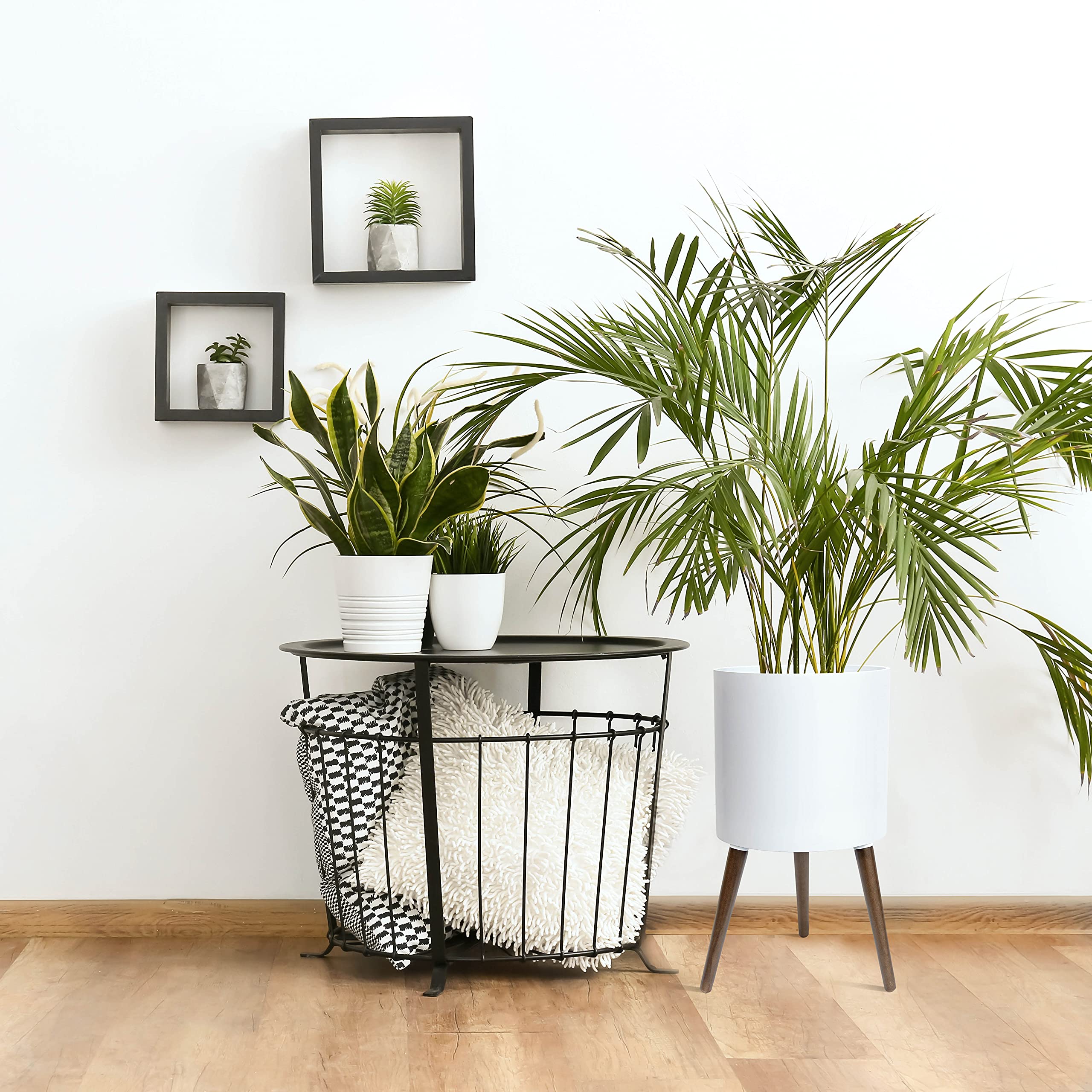 D'vine Dev 14 Inch Mid-Century Modern Plant Pot with Stand - Tall Indoor Planter with Legs for Large Plants - White Ceramic Flower Pot for Living Room, Bedroom & Office Decor