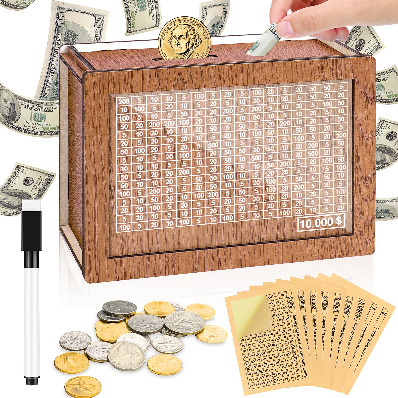 10000 Kakeibo Money Box - Wooden Savings Challenge Box with 9 Goal Trackers, Cash Vault & Piggy Bank for Adults & Kids - Perfect for Budgeting, Financial Planning, and Teaching Money Management Skills at Home or School