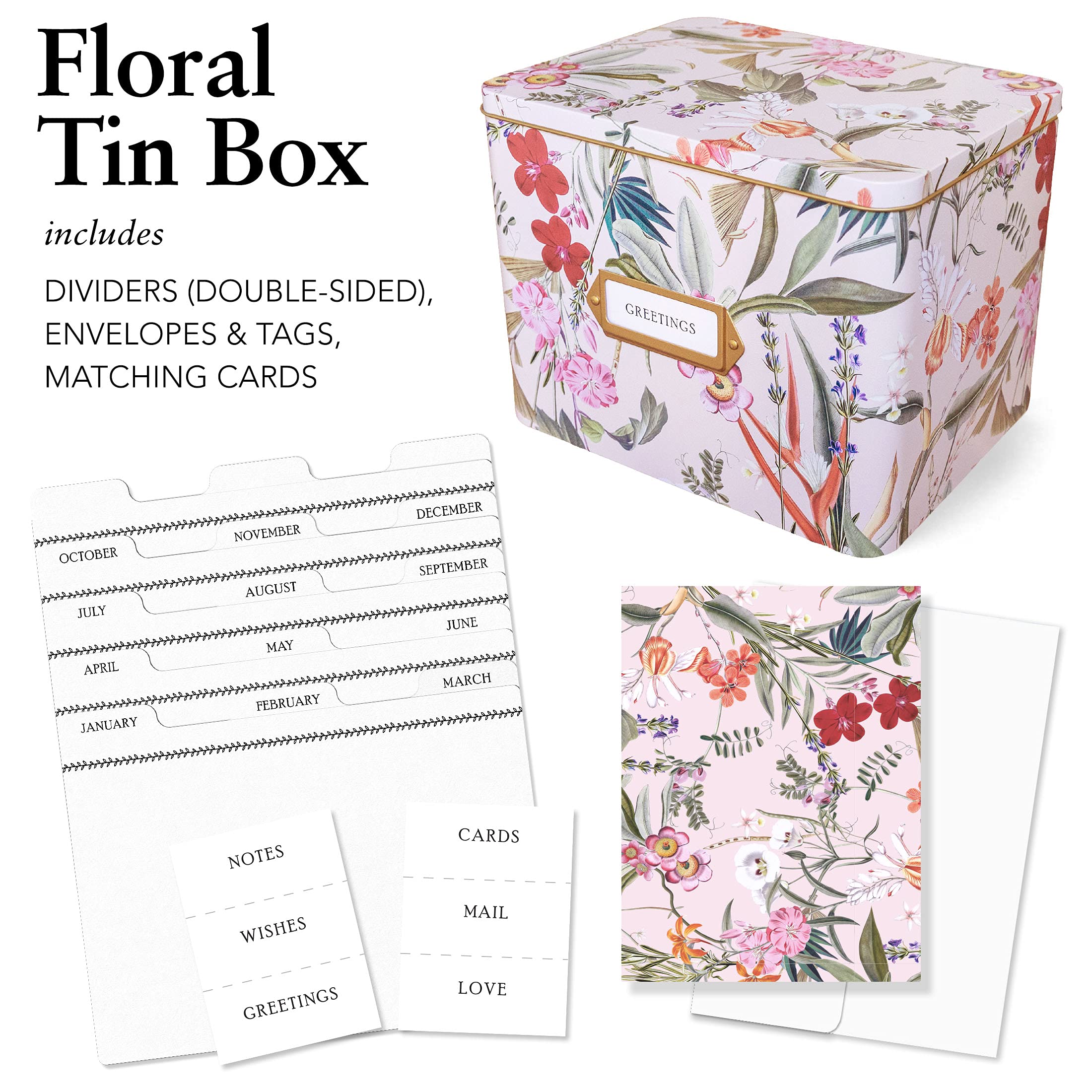 Floral Greeting Card Organizer Box with Dividers - Holds Cards & Envelopes | Birthday, Thank You & Holiday Card Storage | Perfect for Home, Office & Craft Room Organization