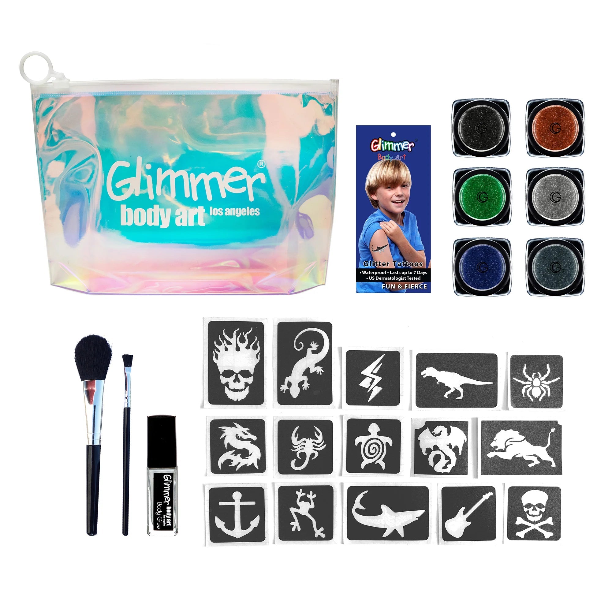 Glimmer TO GO FUN AND FIERCE Glitter Tattoos Kit - Temporary Body Art for Parties, Festivals & Kids Events | Easy-to-Use DIY Glitter Makeup Set