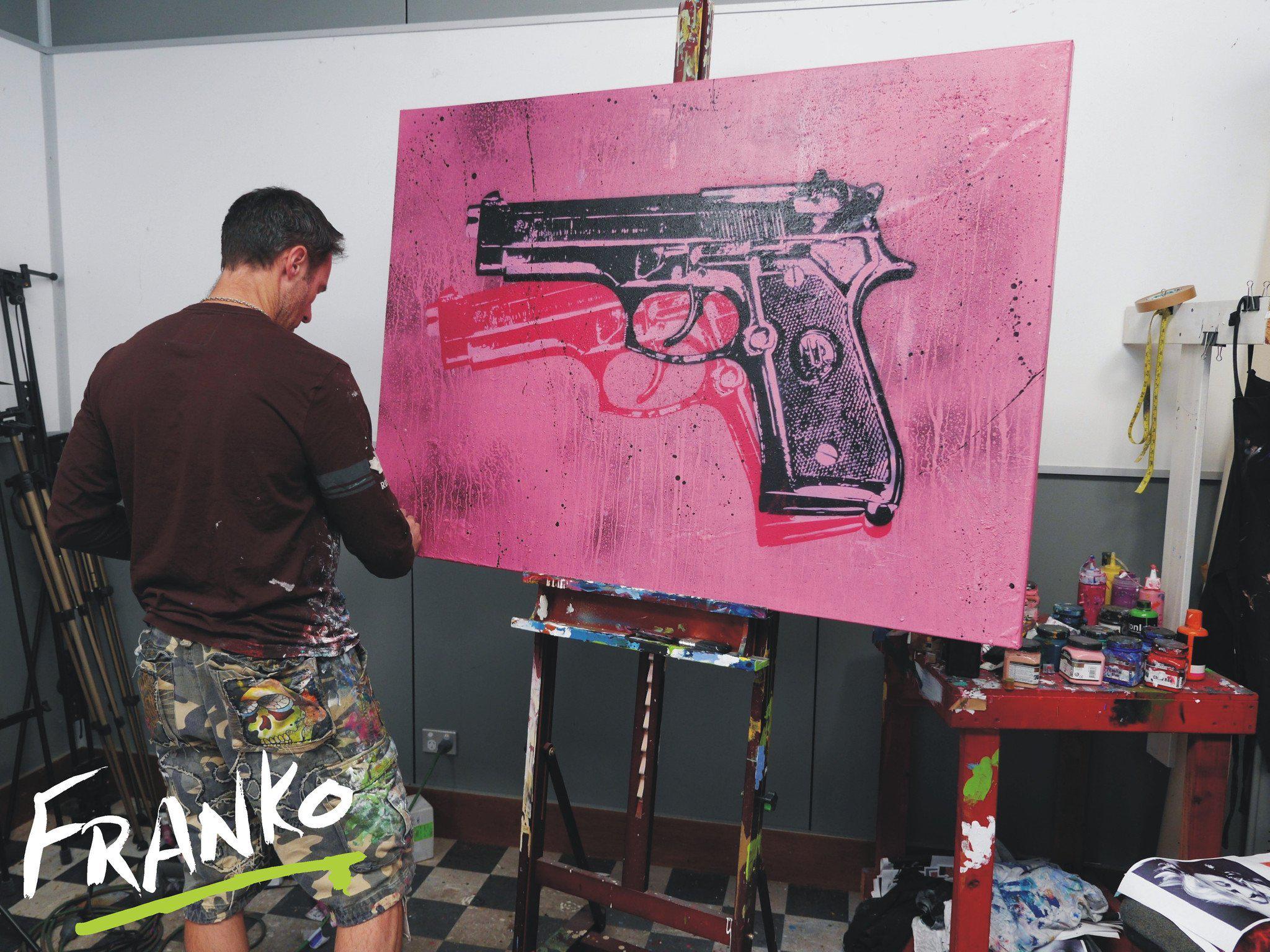 Bang Bang Warhol Two 140cm x 100cm Guns Pink Pop Art Canvas Print - Andy Warhol Inspired Wall Decor for Living Room, Bedroom & Office