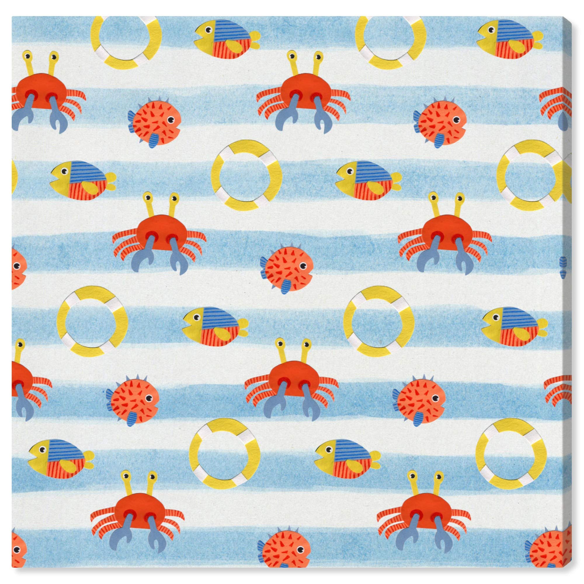Wynwood Studio Nautical Coastal Wall Art Canvas Print - Fish Crab Lifesaver Pattern Home Decor - 20x20 Inches Blue & Orange - Perfect for Beach House, Bathroom & Coastal Living Room Decor