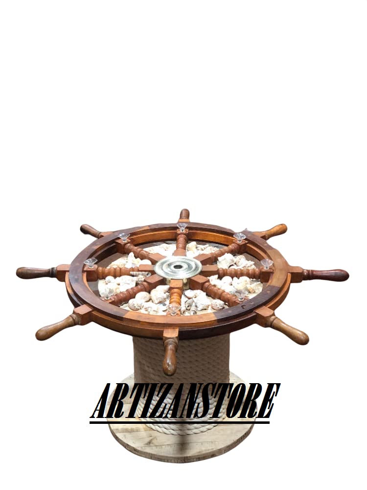 ARTIZANSTORE 24 Inch Nautical Wooden Ship Wheel Coffee Table - Rustic Coastal Home Decor for Living Room, Beach House & Office