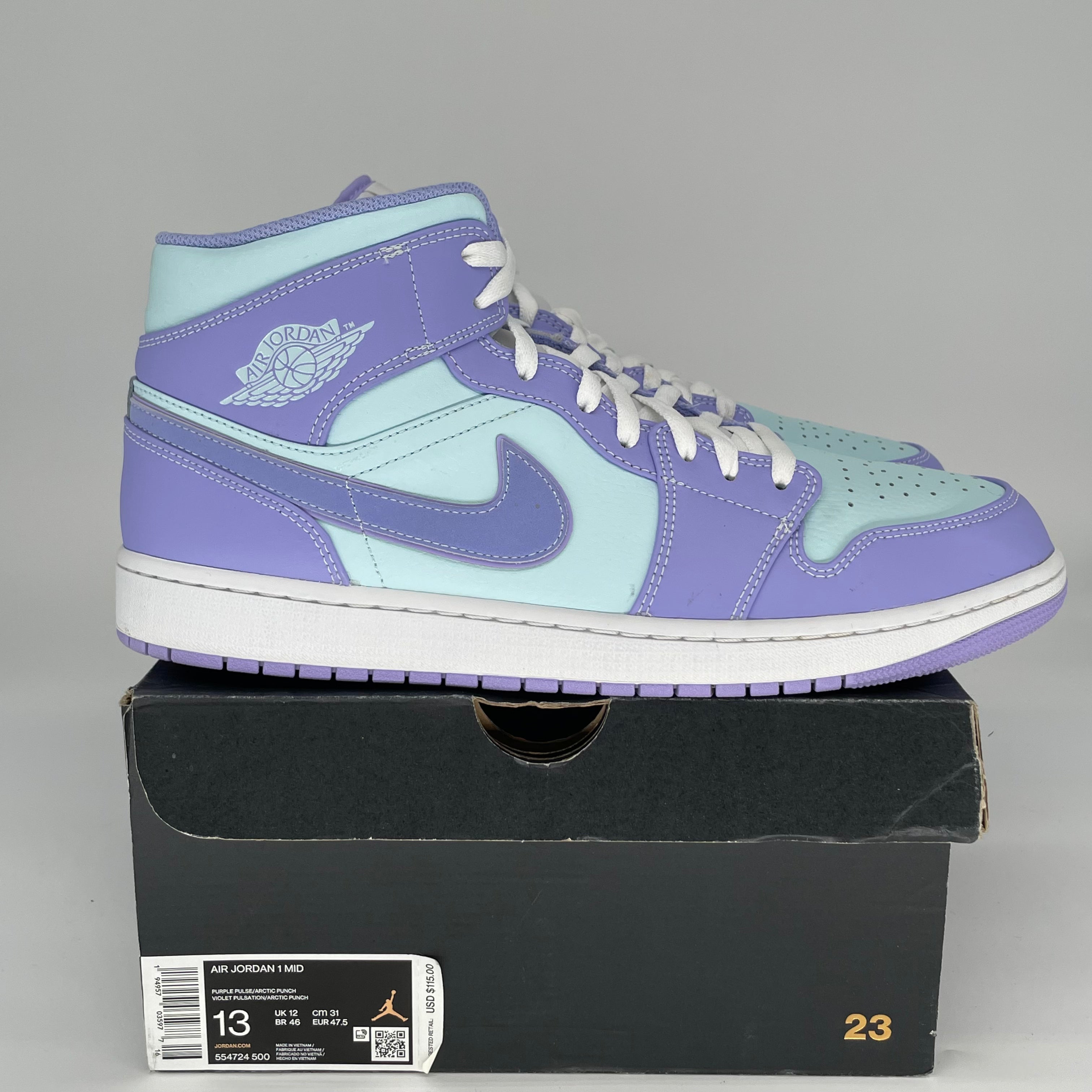AIR JORDAN 1 MID Purple Aqua Men's Basketball Shoes Size 13 (554724-500) - Perfect for Streetwear & Sneaker Collectors