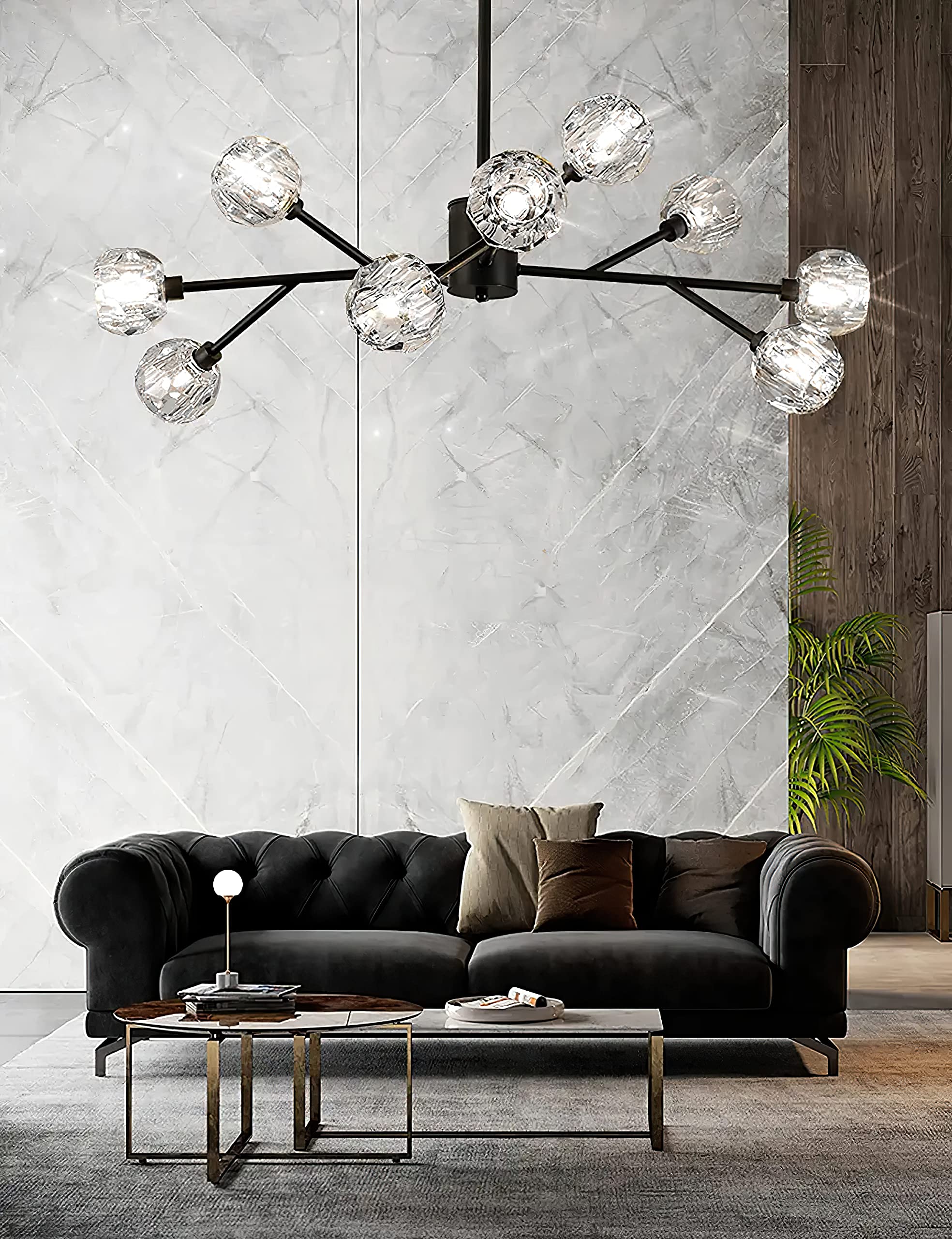 Modern Black Sputnik Chandelier - 9-Light Crystal Pendant Lighting Fixture for Living Room, Dining Room, Bedroom | Elegant Home Decor for Contemporary Interiors & Dinner Parties
